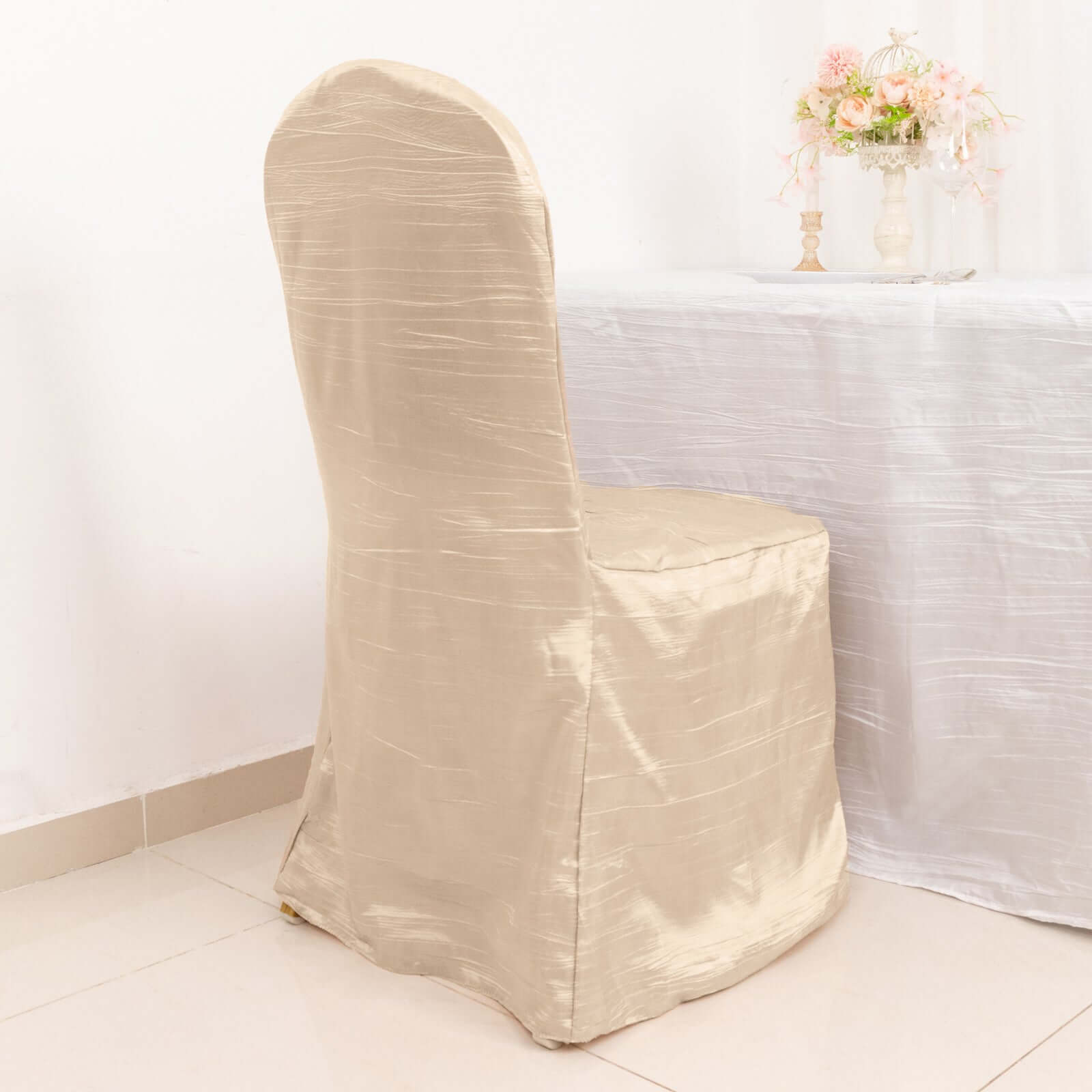 Crinkle Crushed Taffeta Chair Cover for Banquet Chairs Beige - Reusable Slipcover