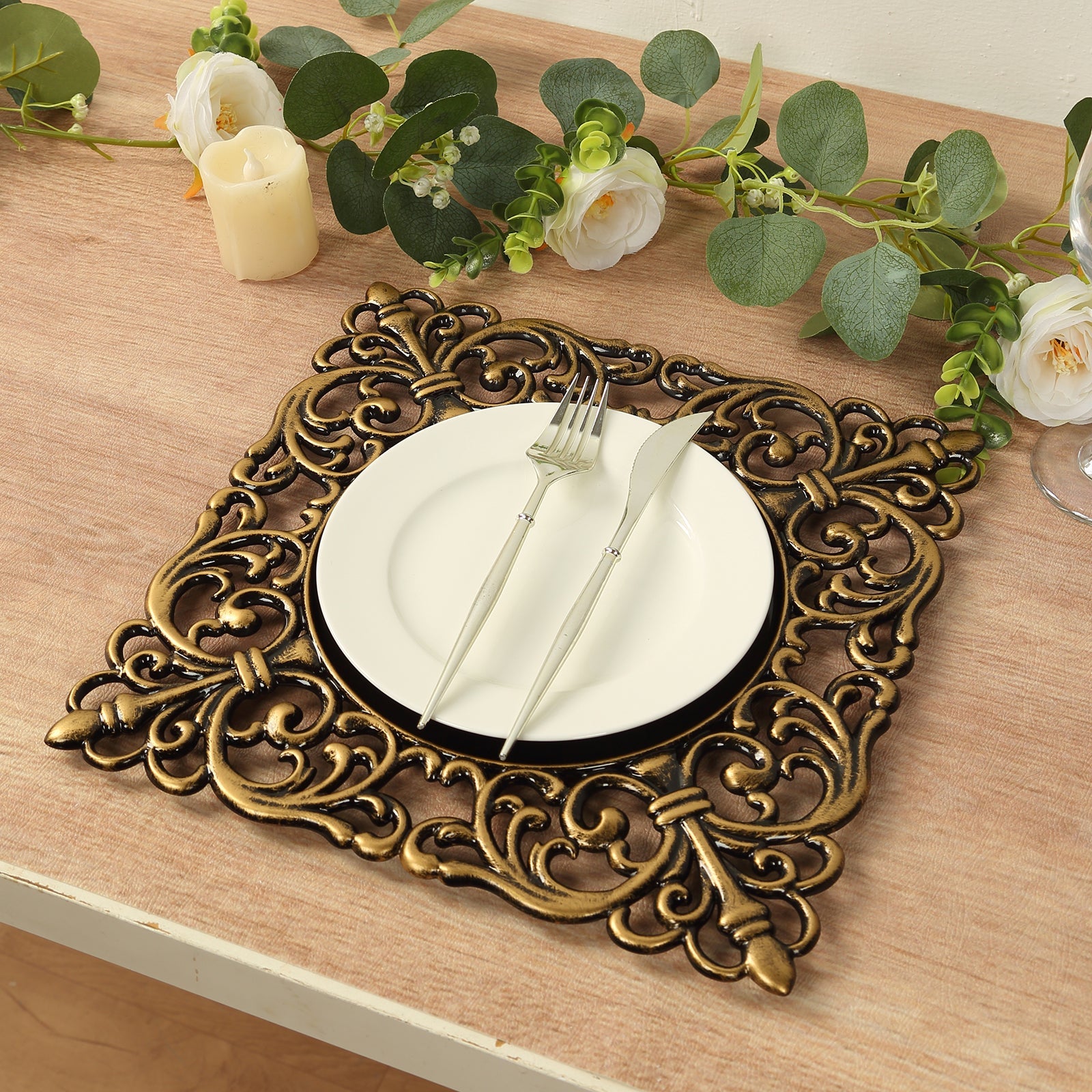 6-Pack Acrylic Square Charger Plates 12 in Black with Antique Gold Hollow Lace Border, Event Tabletop Decorative Charger Tableware