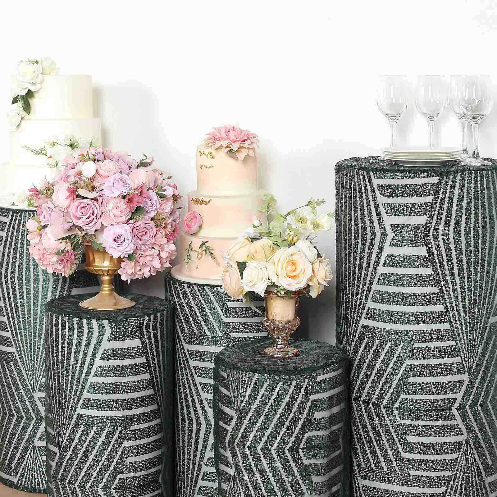 Set of 5 Hunter Emerald Green Sequin Mesh Cylinder Pedestal Stand Covers with Geometric Pattern Embroidery, Sparkly Sheer Tulle Pillar Prop Covers