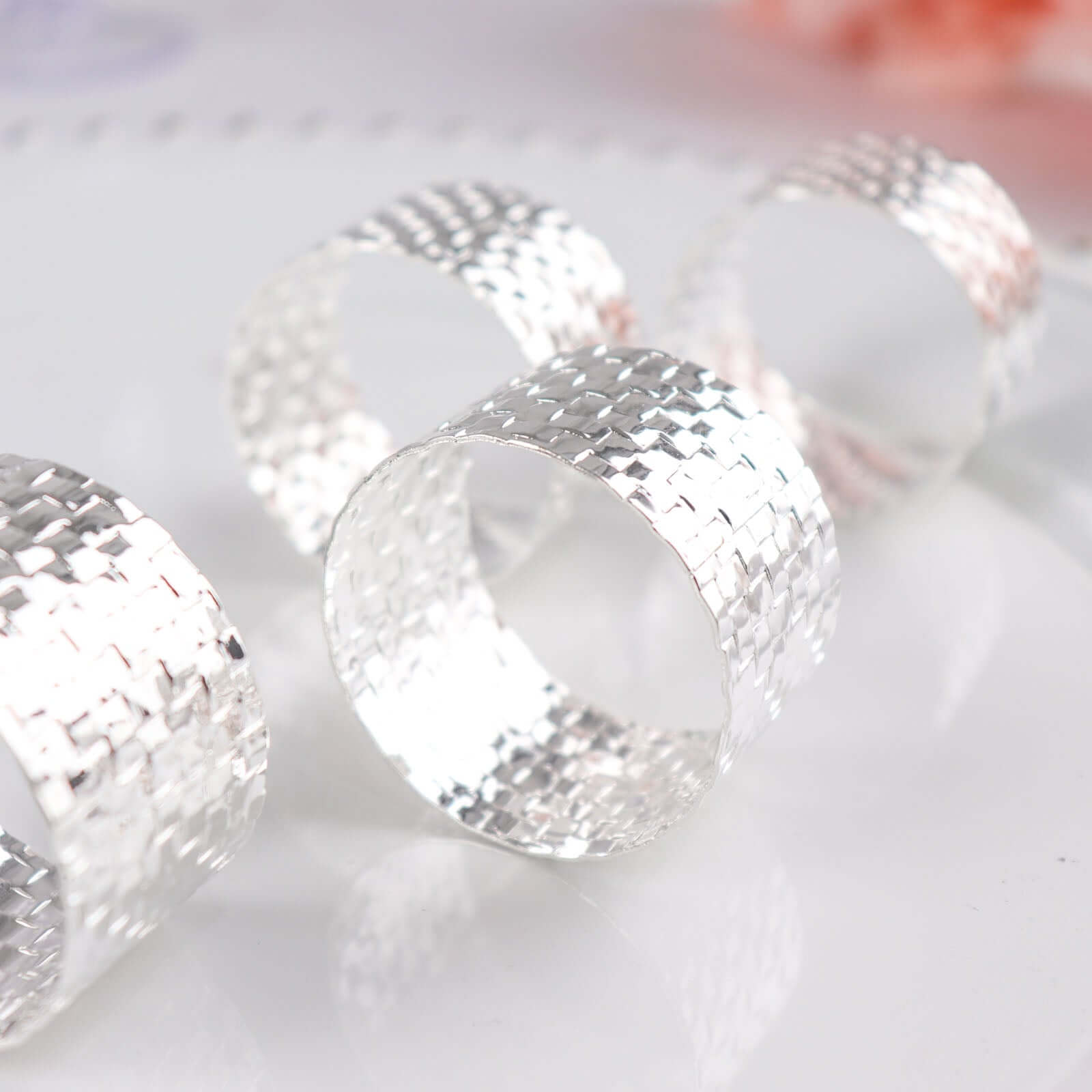 4 Pack Shiny Silver Metal Basket Weave Napkin Rings, Cloth Napkin Holders