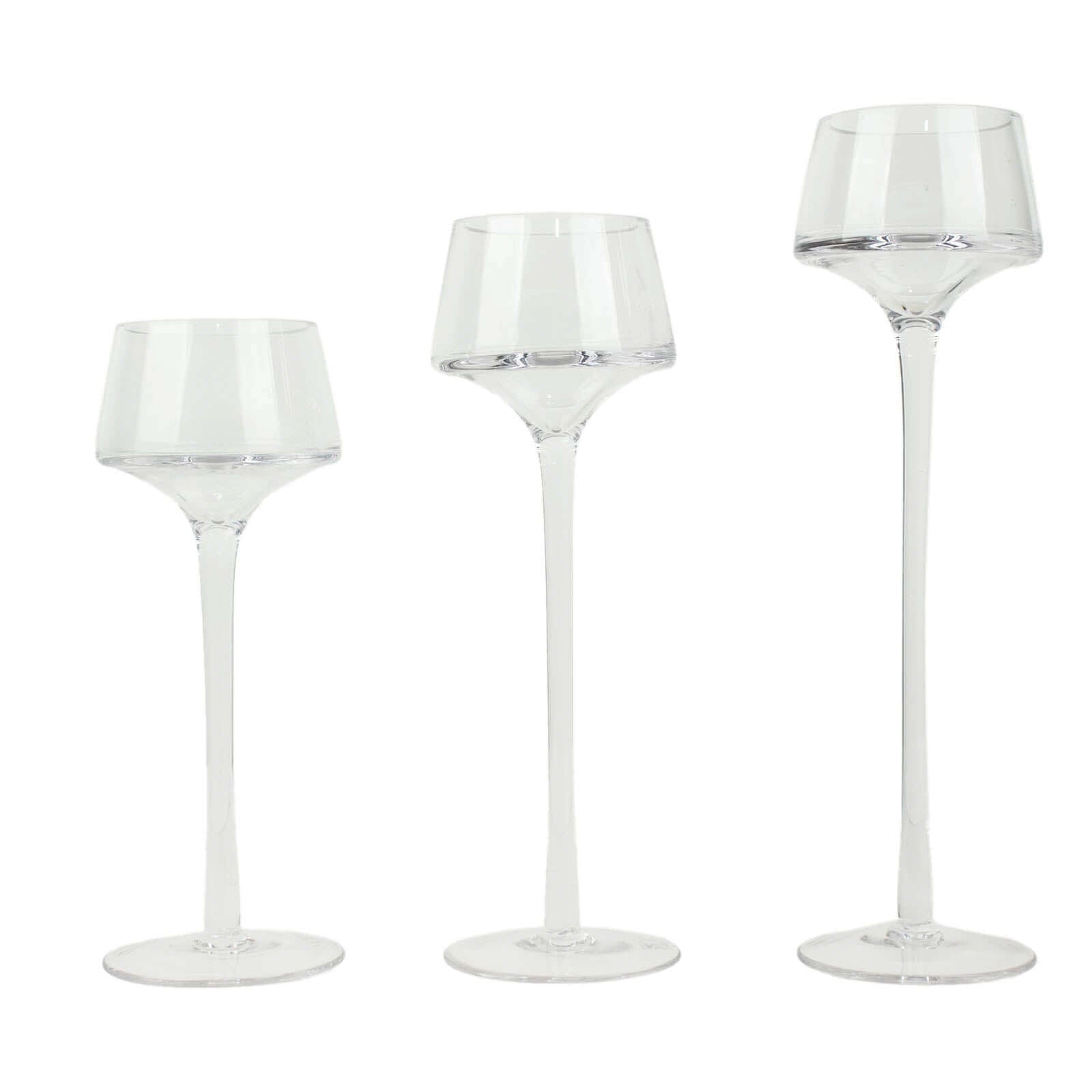 Set of 3 Glass Pedestal Vases Long Stem Clear - Tall Disc Candle Holders for Floral Centerpieces 8, 9, 10