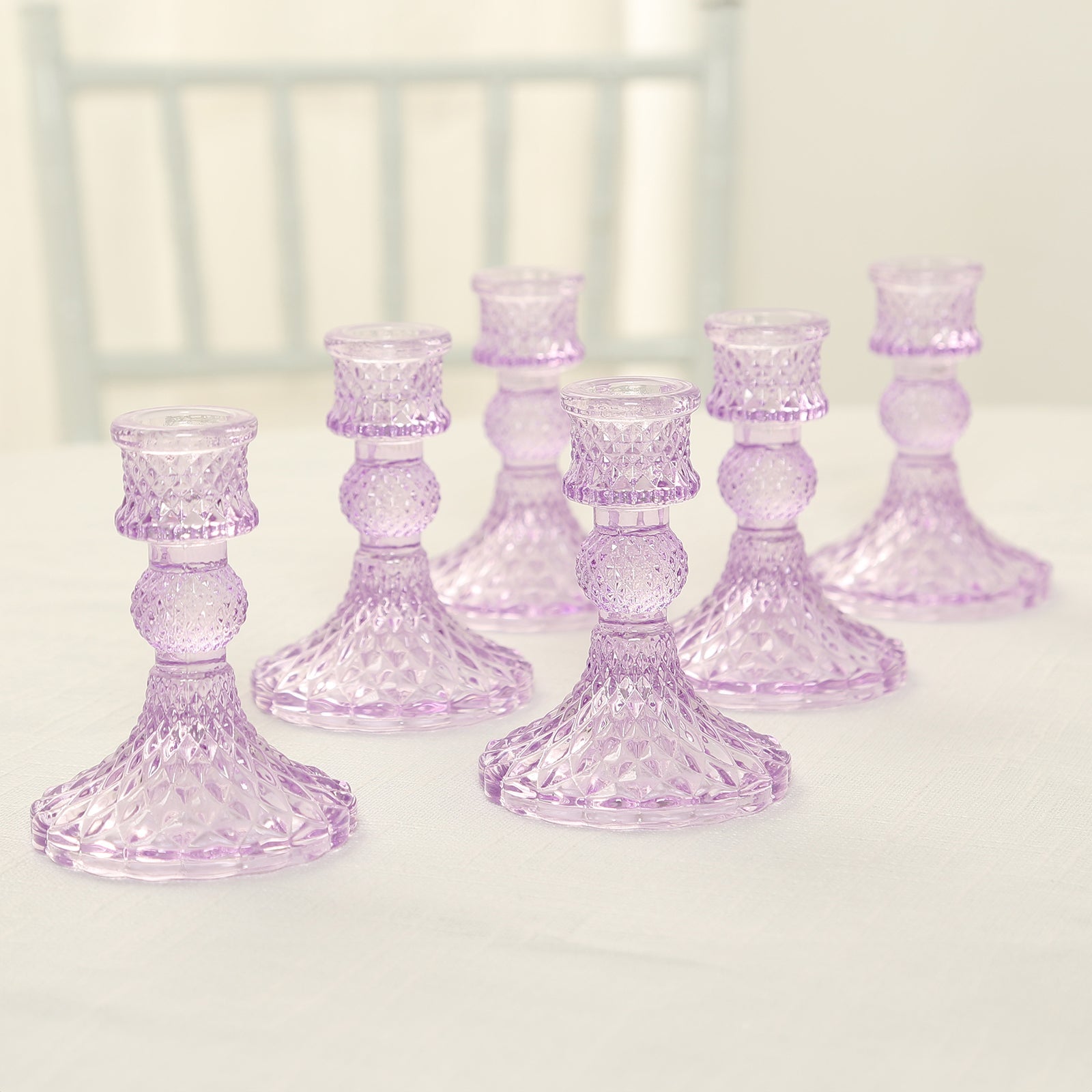 6-Pack Glass Taper Candlestick Holders Diamond Pattern Design Lavender Lilac - Reversible Crystal Pillar Votive Stands 4