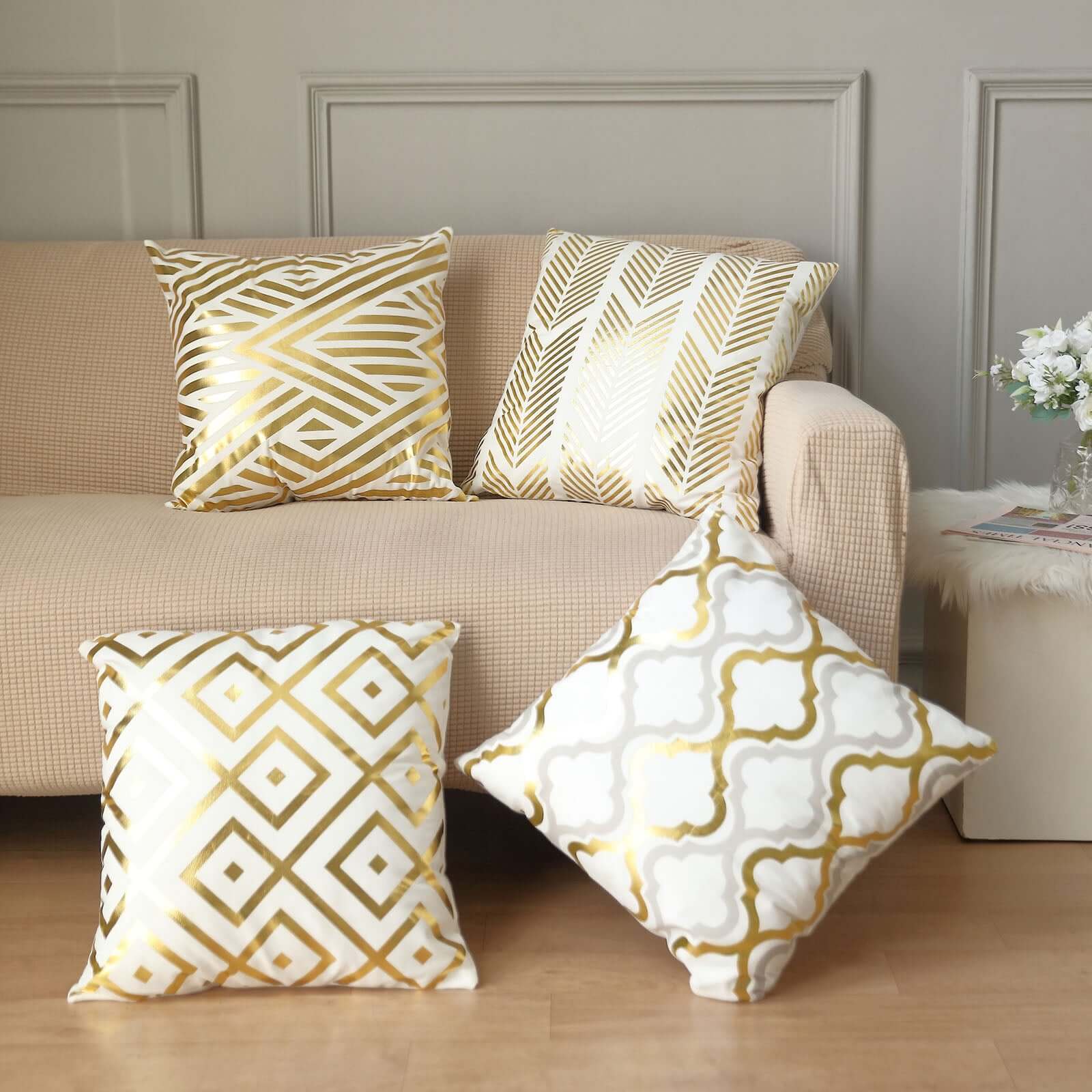 Set Of 4 18 White Gold Foil Geometric Print Throw Pillow Covers, Velvet Square Sofa Cushion Covers