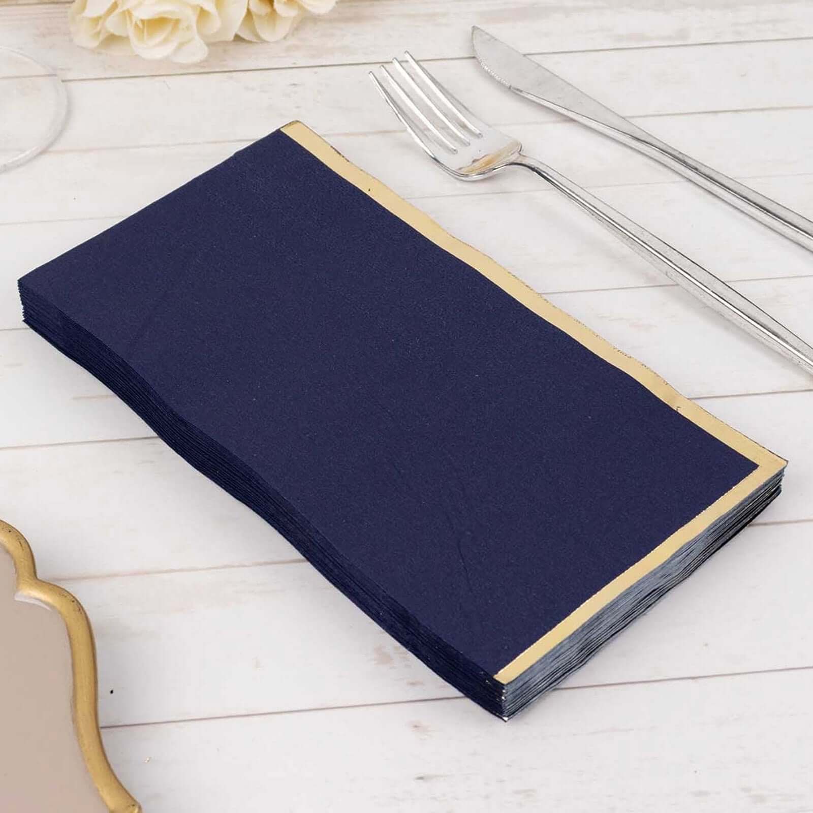 50-Pack Paper Dinner Napkins Navy Blue with Gold Foil Edge 2 Ply - Stylish Disposable Napkins