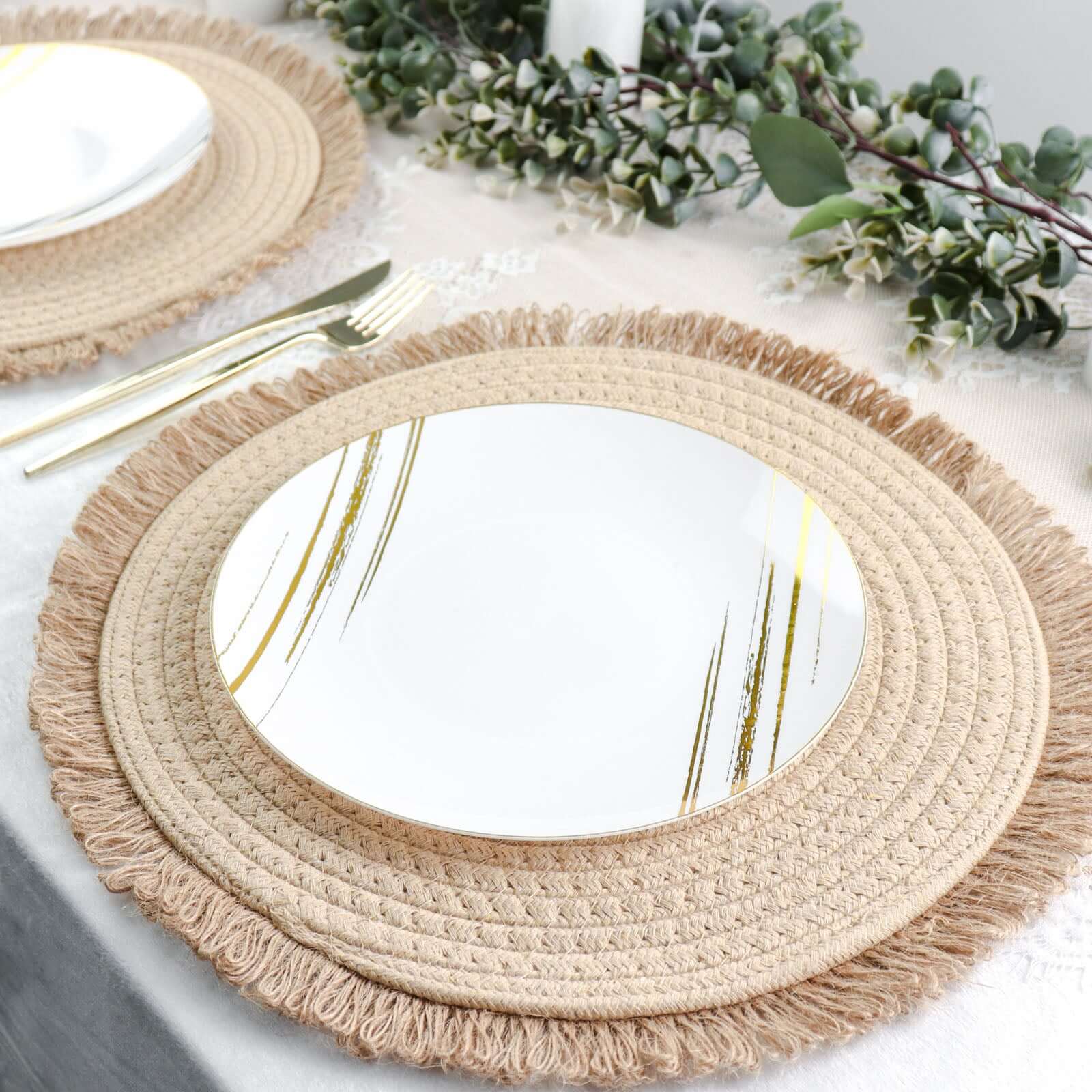 4-Pack Placemats Fringed Edge Design Natural Rustic Burlap Jute Round - Farmhouse Style Table Mats with Trim 15