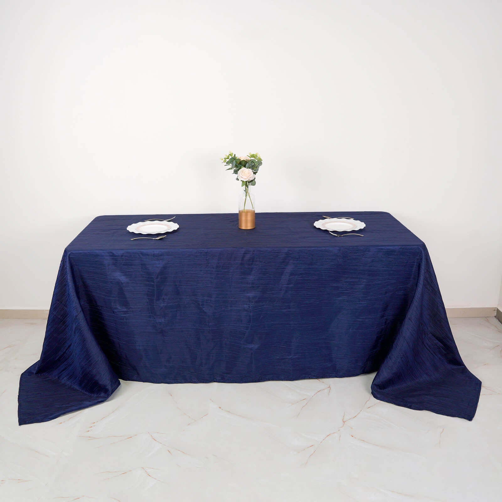 Taffeta 90x132 Rectangle Tablecloth Navy Blue - Seamless Accordion Crinkle Table Cover