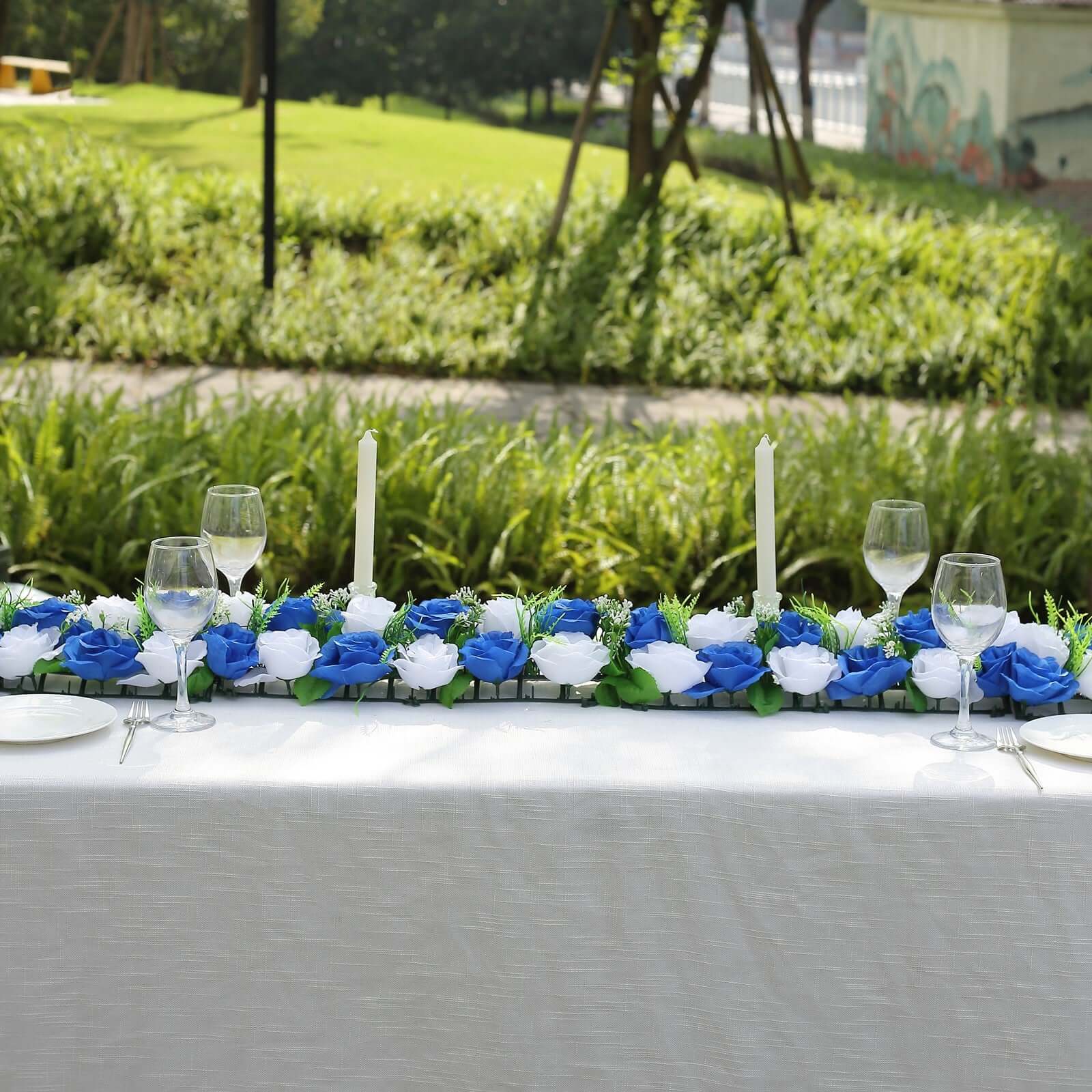 6 Pack White Royal Blue Silk Rose Flower Panel Table Runner, Artificial Floral Arrangements Wedding Table Centerpiece - 20x8