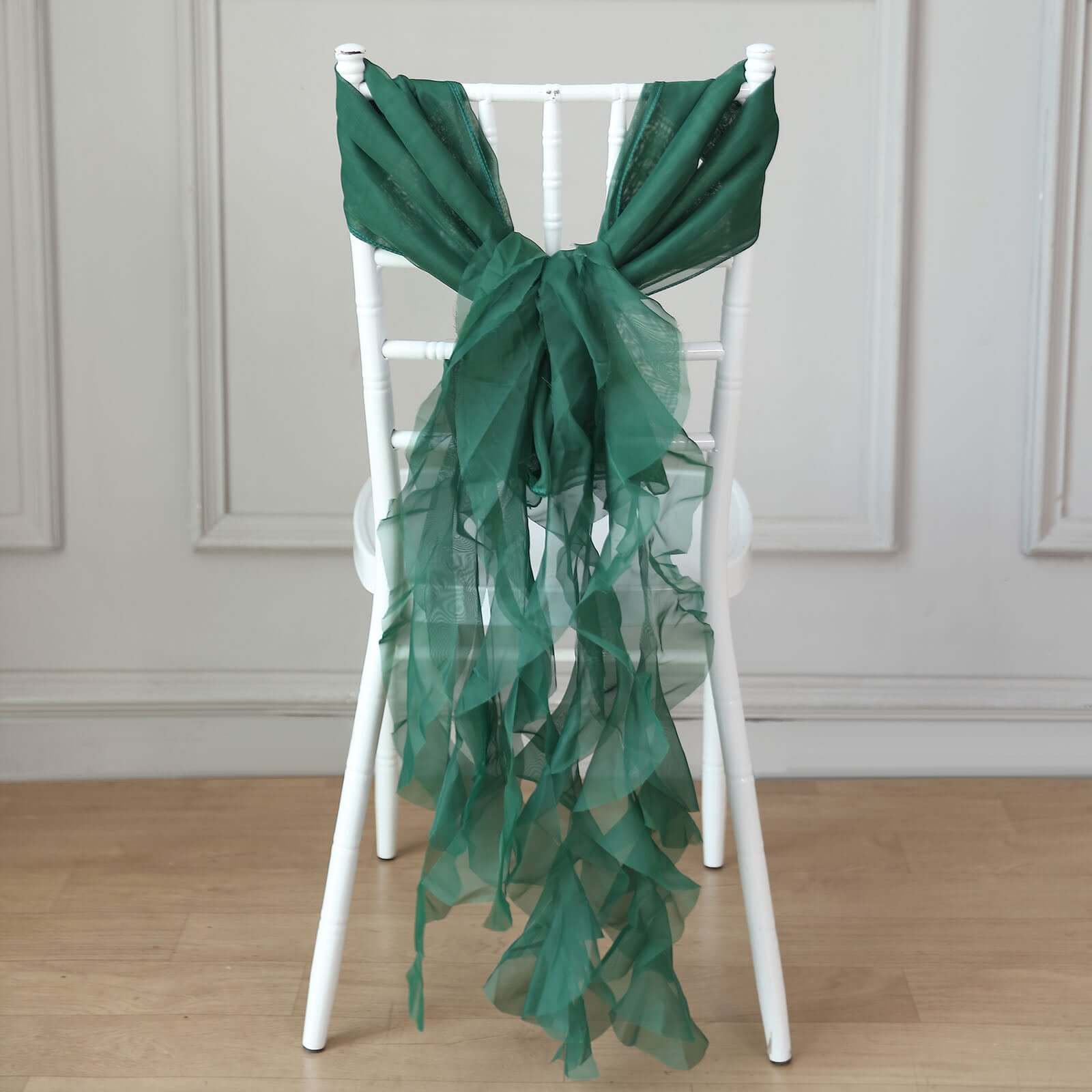 1 Set Chiffon Hoods Chair Sashes with Willow Ruffles Design Hunter Emerald Green - Stylish Chair Bow Decor