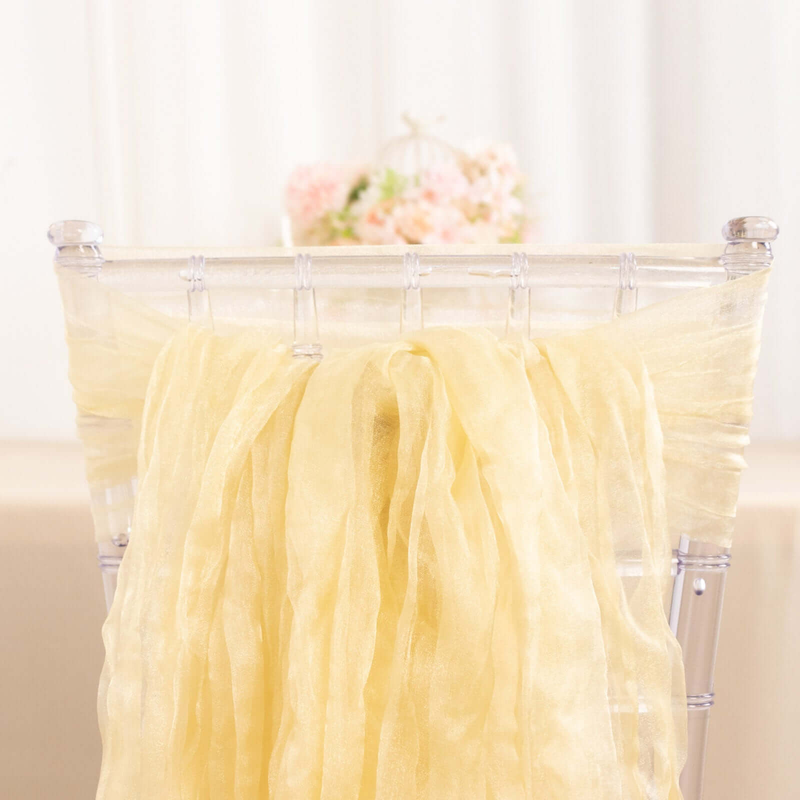 5 Pack Crinkled Organza Chair Sashes Champagne with Shimmer Chiffon Layers - Stylish Sheer Decor