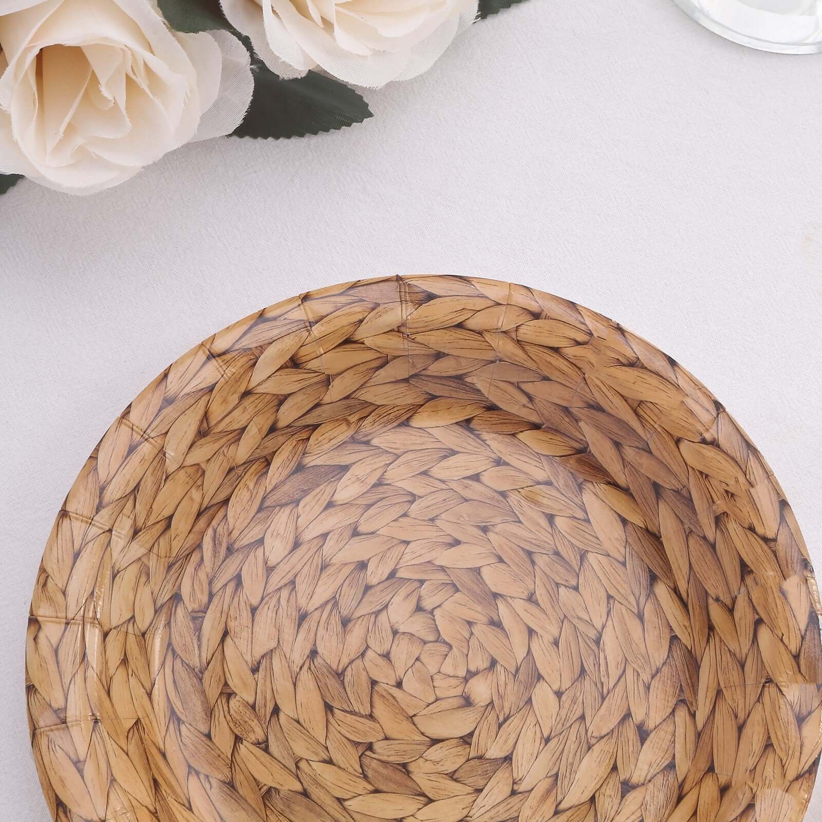 25-Pack Paper 7 Round Dessert Plates in Natural with Woven Rattan Print - Rustic Farmhouse Disposable 300GSM Appetizer Salad Plates for Indoor & Outdoor Gatherings