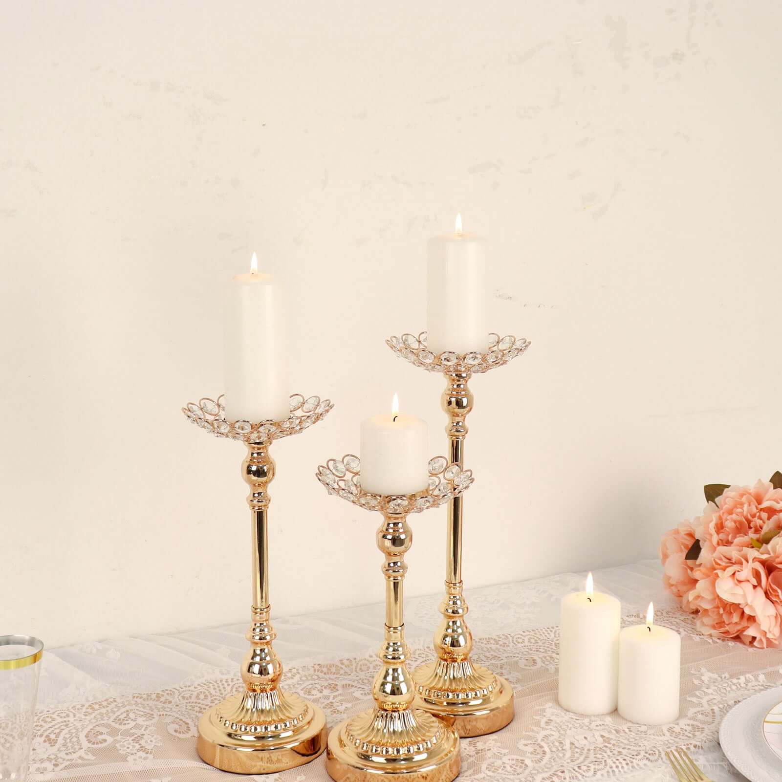 Set of 3 Metal Votive Candle Holders Crystal Beaded Design Gold - Tea Light Centerpieces 11, 13, 15