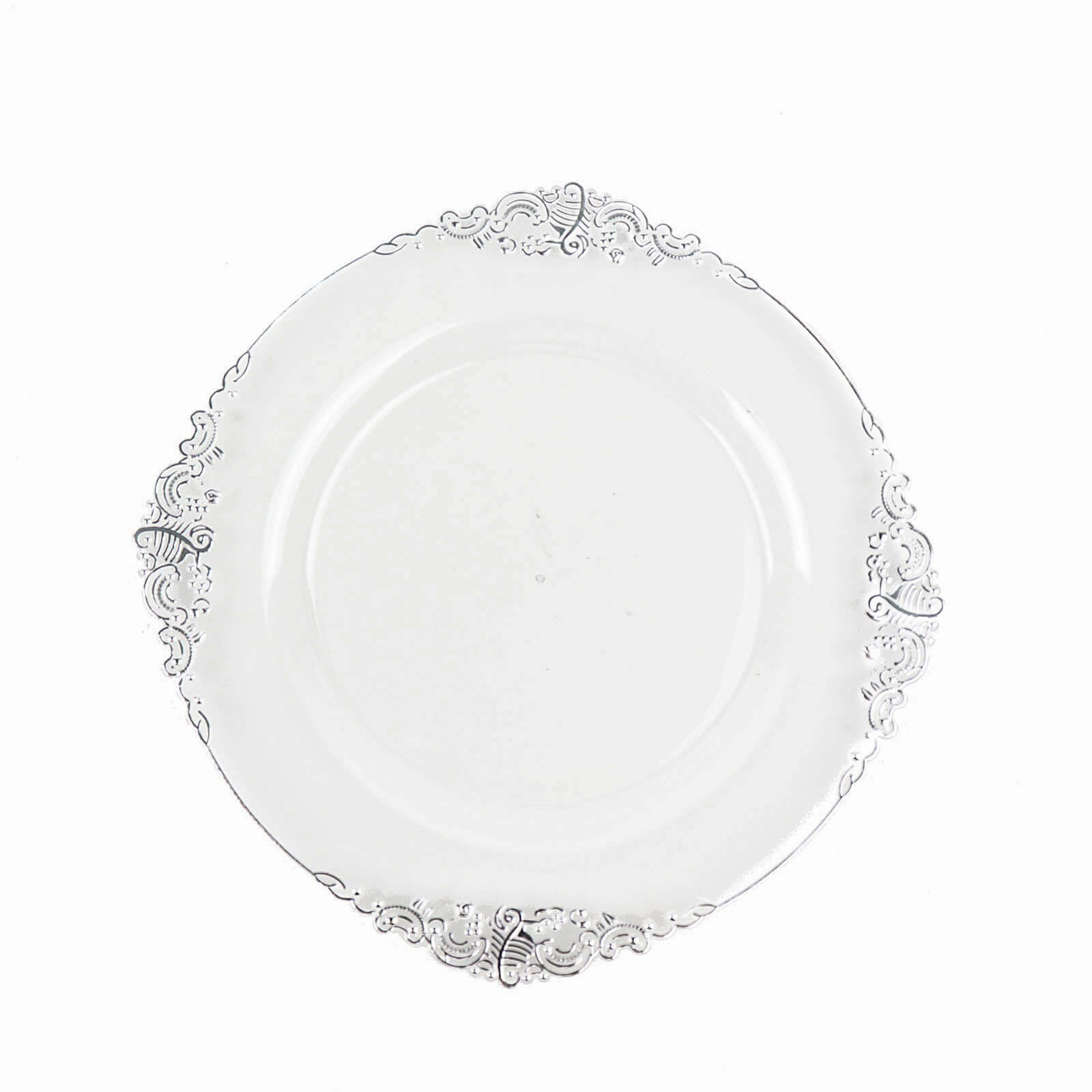 10-Pack Plastic 8 Round Dessert Plates in Clear with Silver Leaf Embossed Rim - Disposable Vintage Baroque Style Salad Plates