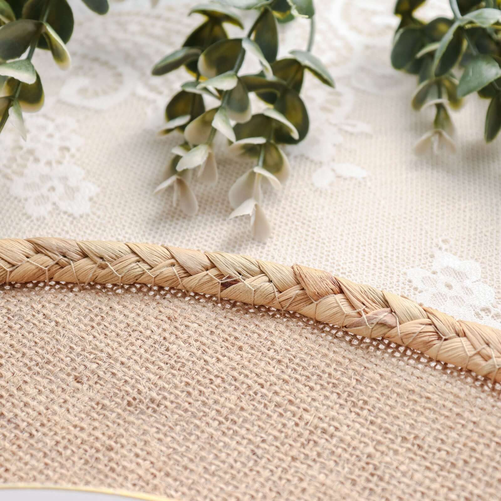 4-Pack Placemats Braided Edge Design Natural Burlap Jute Round - Rustic Farmhouse Style with Trim 15