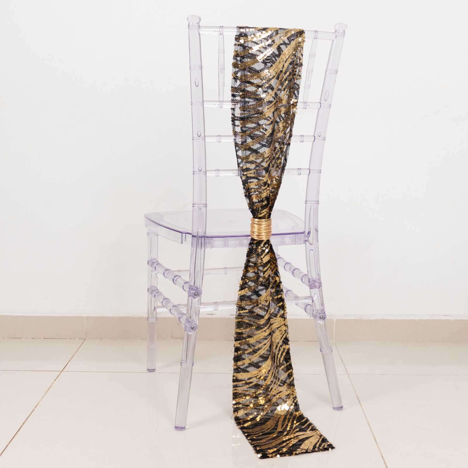 5 Pack Chair Sashes with Wave Embroidered Sequins Black/Gold 6x88 - Stylish Glittering Decor for Weddings