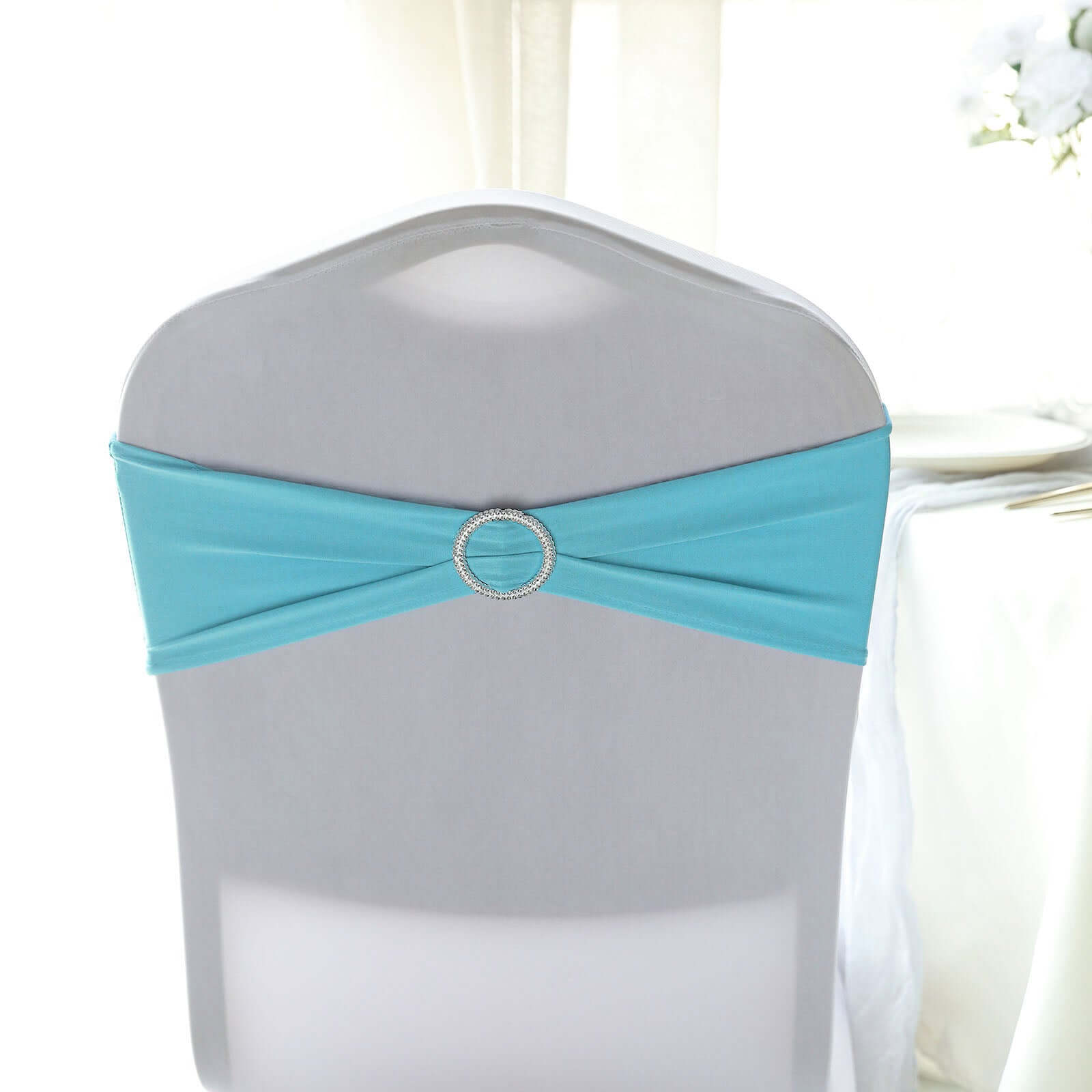 5 Pack Stretch Spandex Chair Sashes Turquoise - Reusable Chair Bands with Silver Diamond Ring Slide Buckle 5x14