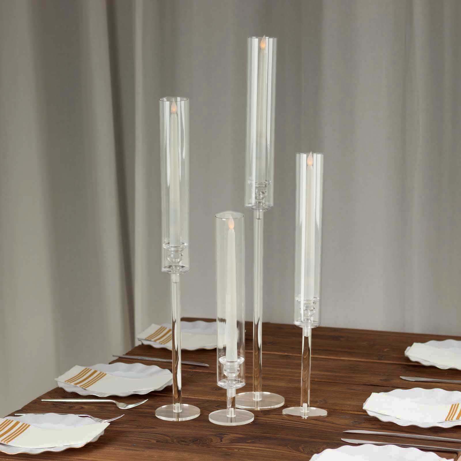 Set of 4 Acrylic Taper Candlestick Holders, Clear Tall Chimney Tube Candle Shades Hurricane Candle Stands 14, 18, 22, 26