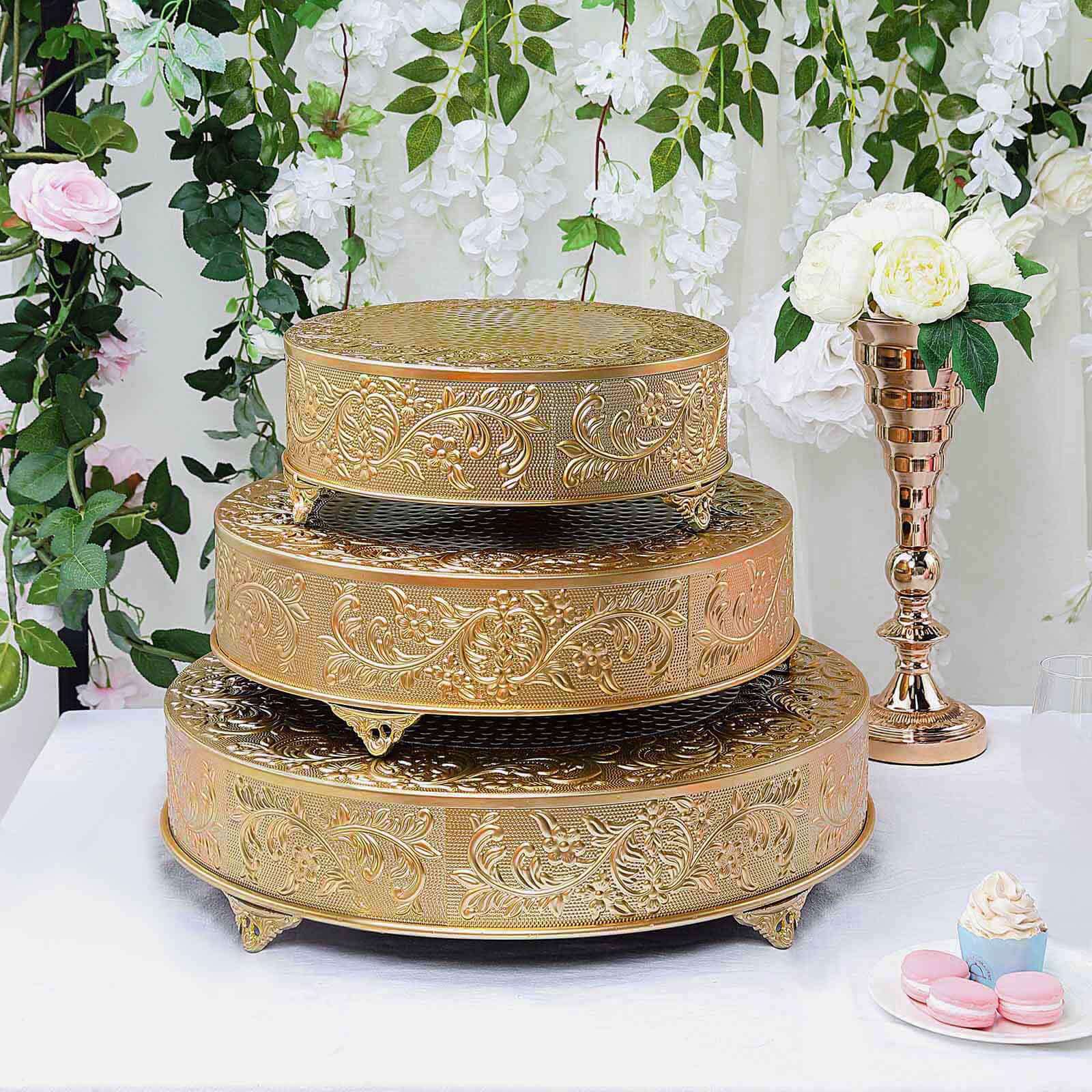 Metal 22 Round Cake Pedestal Stand Matte Gold - Cupcake Dessert Display Riser with Intricate Embossed Design for Upscale Events & Gatherings