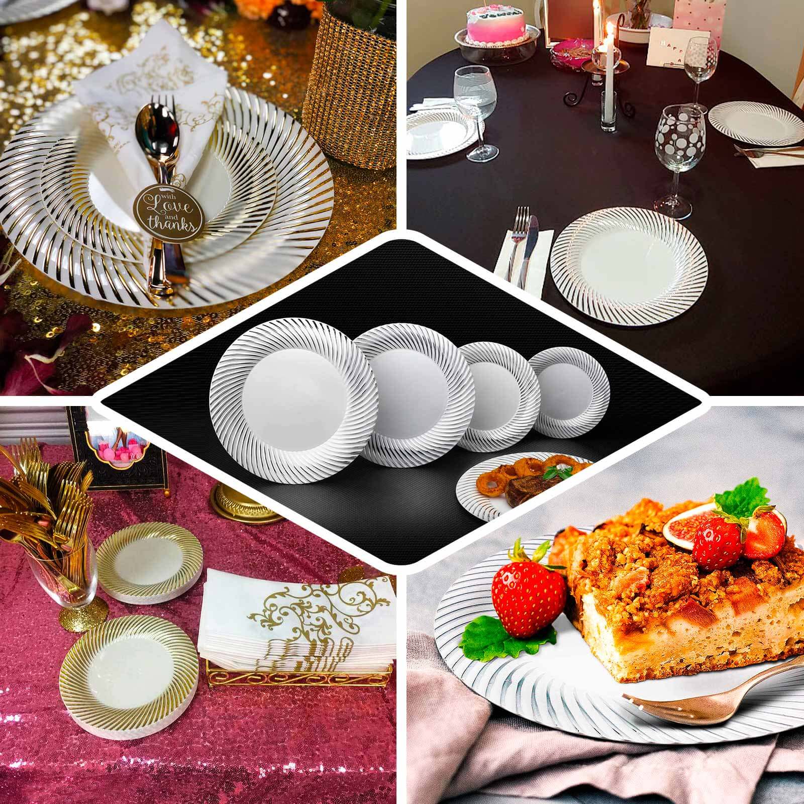 10-Pack Plastic 9 Round Dinner Plates Clear with Gold Swirl Rim - Disposable Party Plates for Classy Events & Banquets