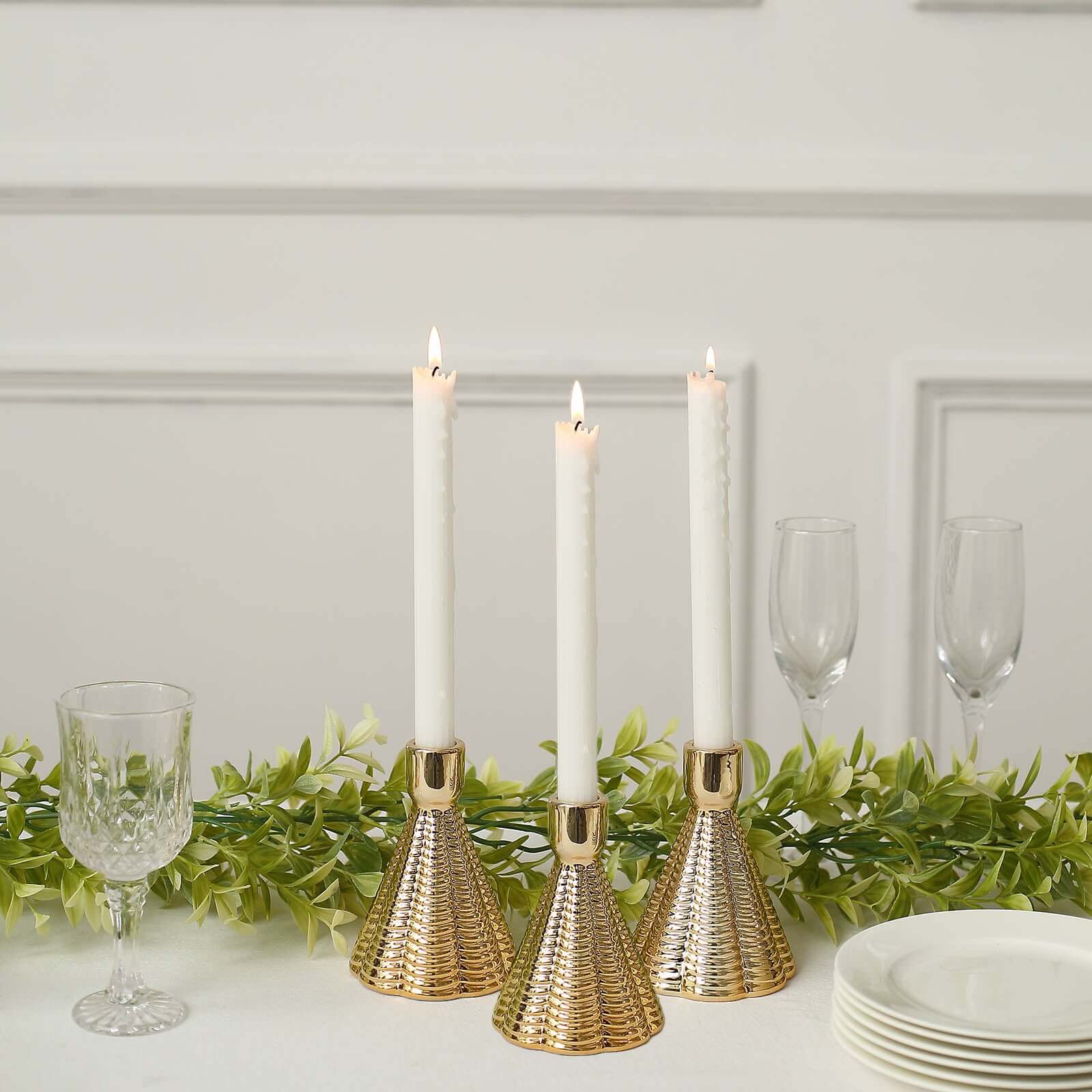 3-Pack Ceramic Taper Candle Holders Ribbed Cone Shaped Design Metallic Gold - Candlestick Stands for Decor 5