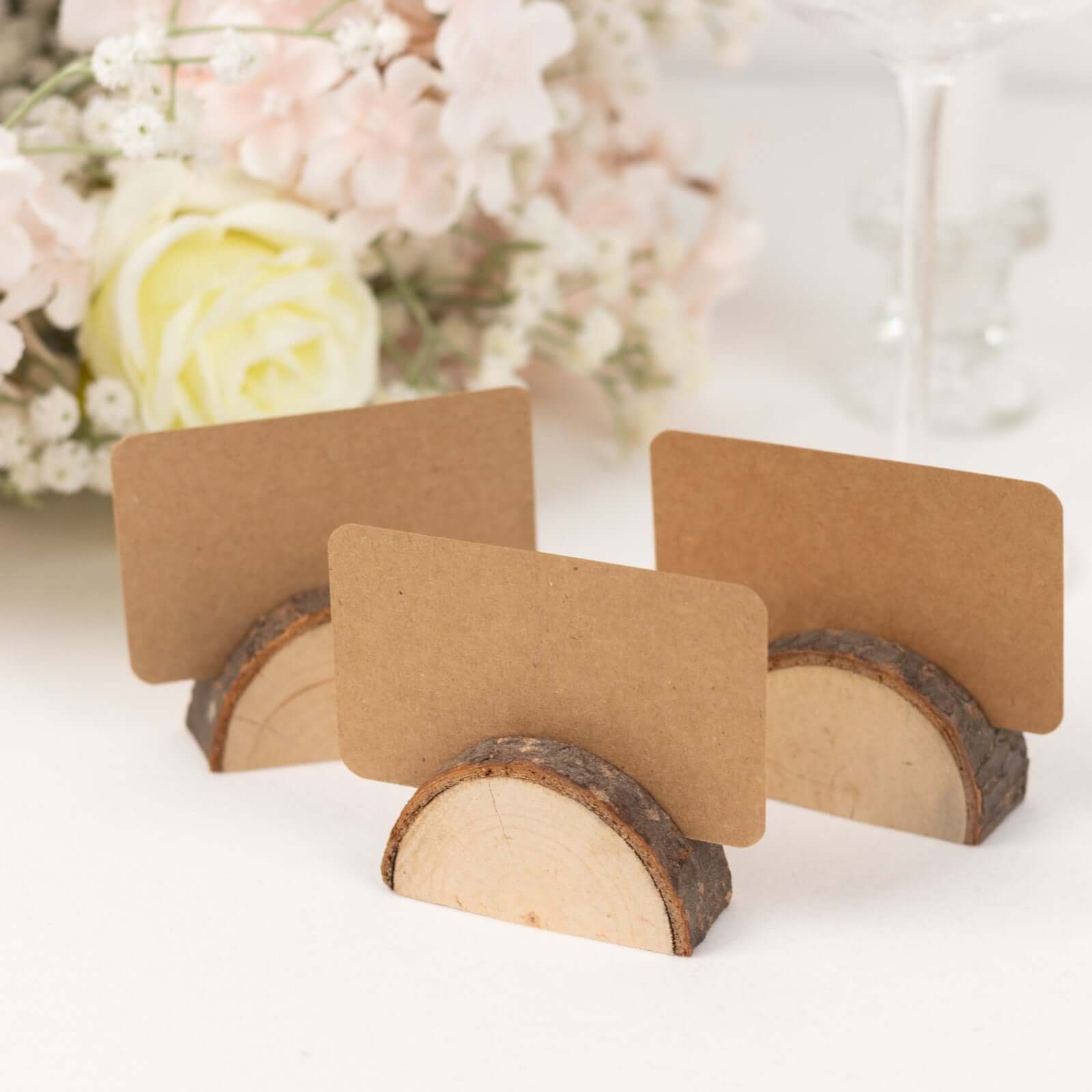 Set of 10 Wood Place Card Holders Rustic Semicircle Design Natural with Brown Paper - Wedding Table Number Display 2.5