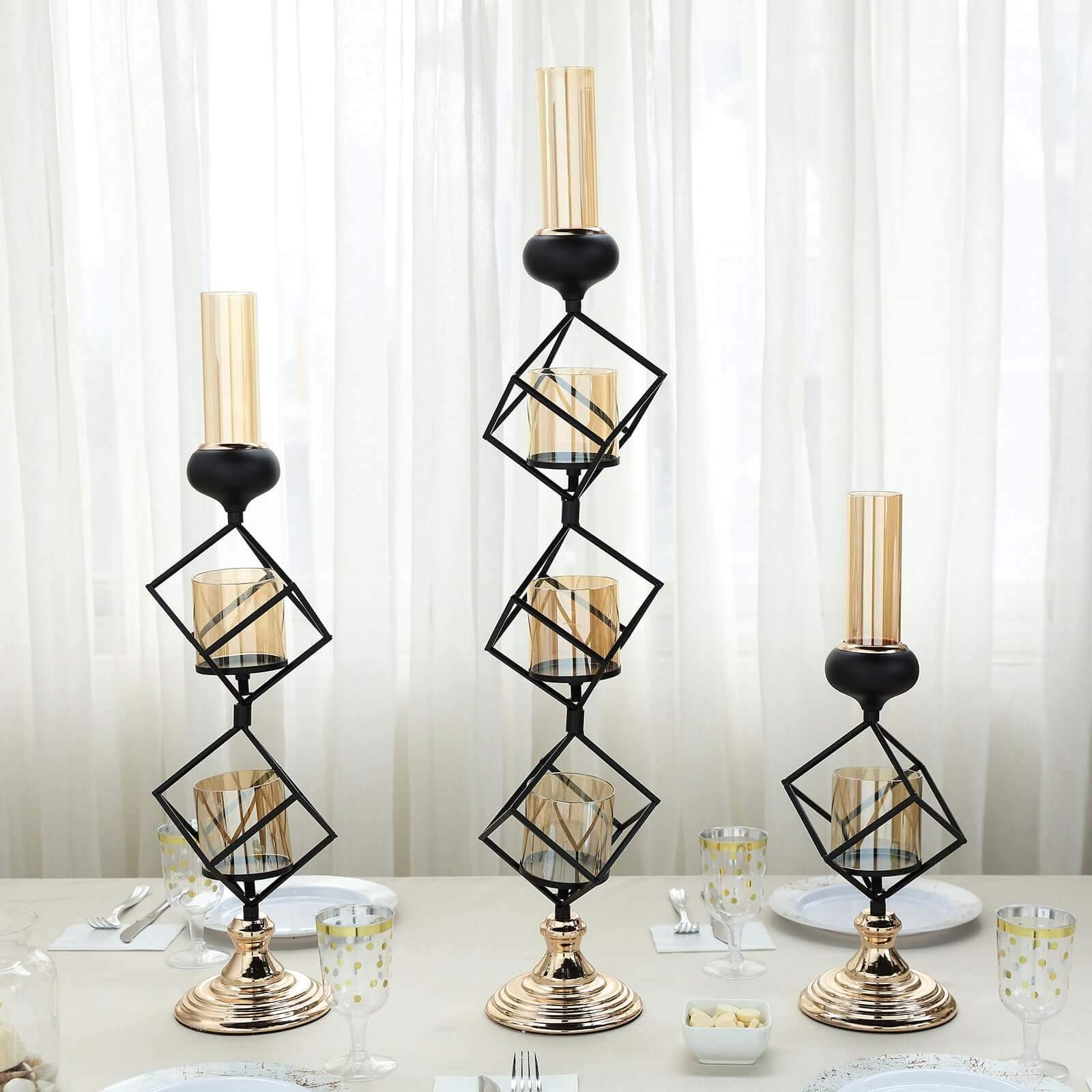 3-Tier Candle Holder Black Geometric Design with Amber Glass Votives & Gold Trim - Modern Decor for Weddings 28 Tall