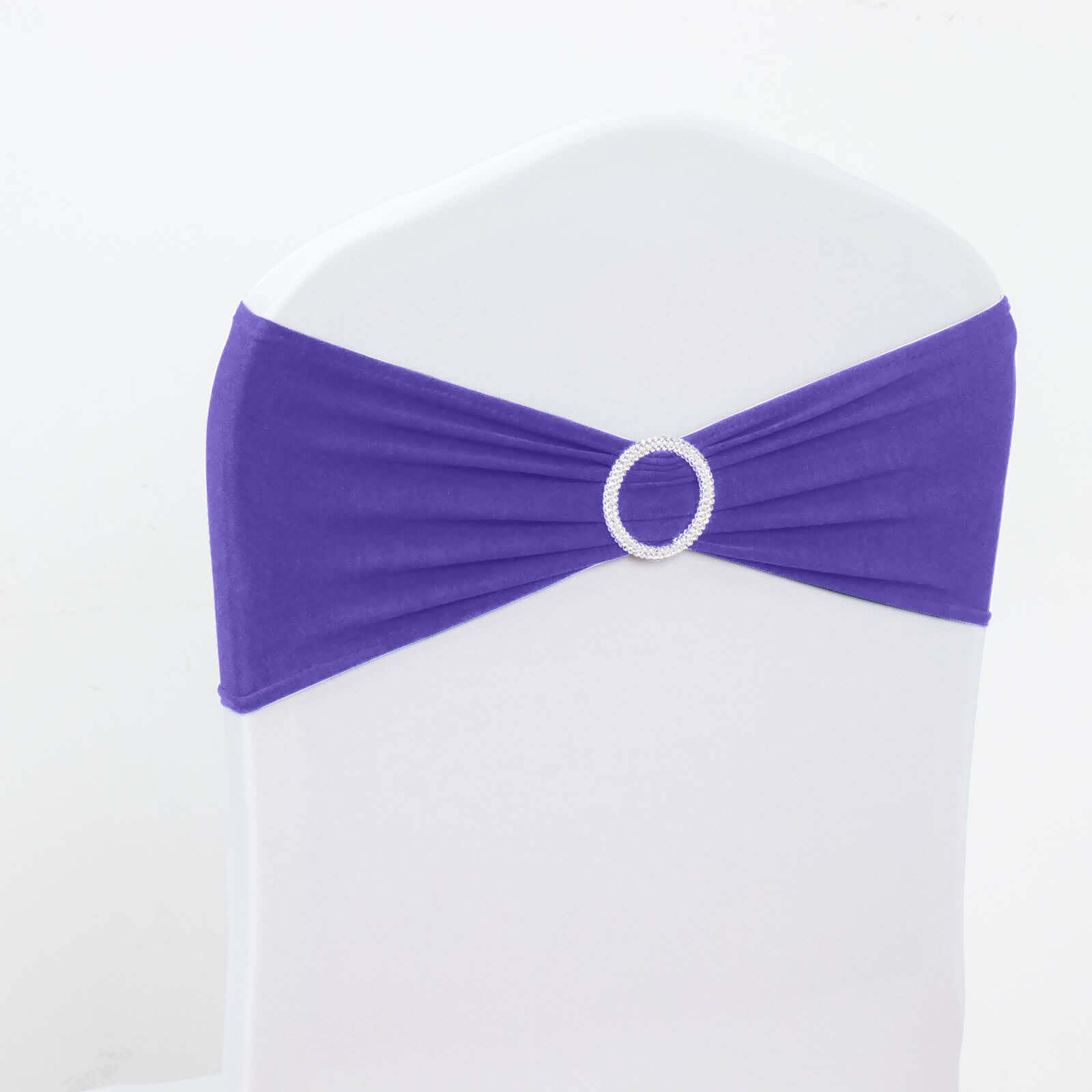 5 Pack Stretch Spandex Chair Sashes Purple - Reusable Chair Bands with Silver Diamond Ring Slide Buckle 5x14