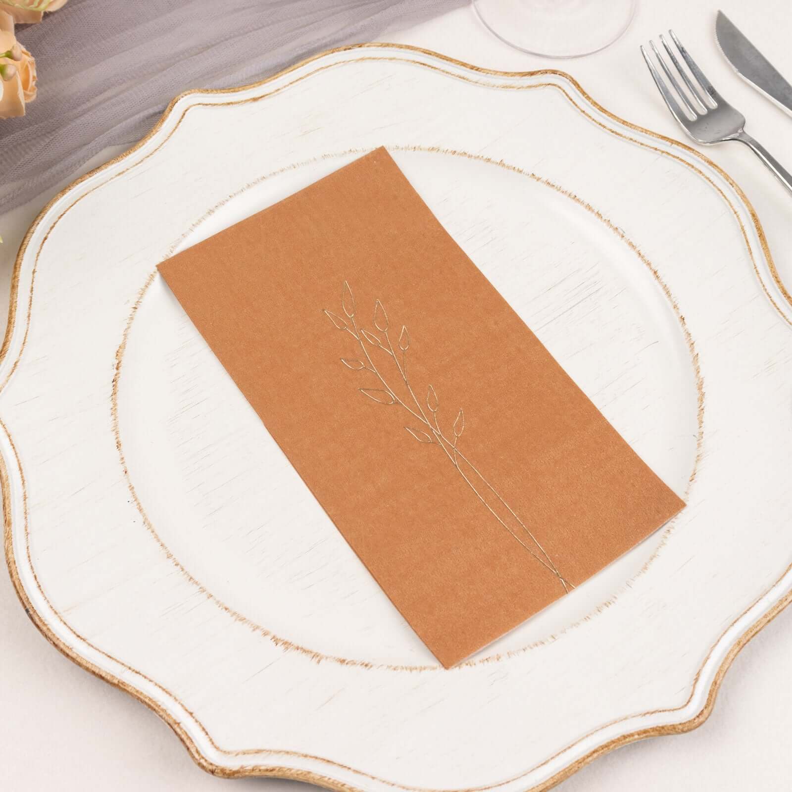 50-Pack Paper Dinner Napkins Terracotta (Rust) with Gold Embossed Leaf - Stylish 2-Ply Disposable Napkins for Weddings 18GSM