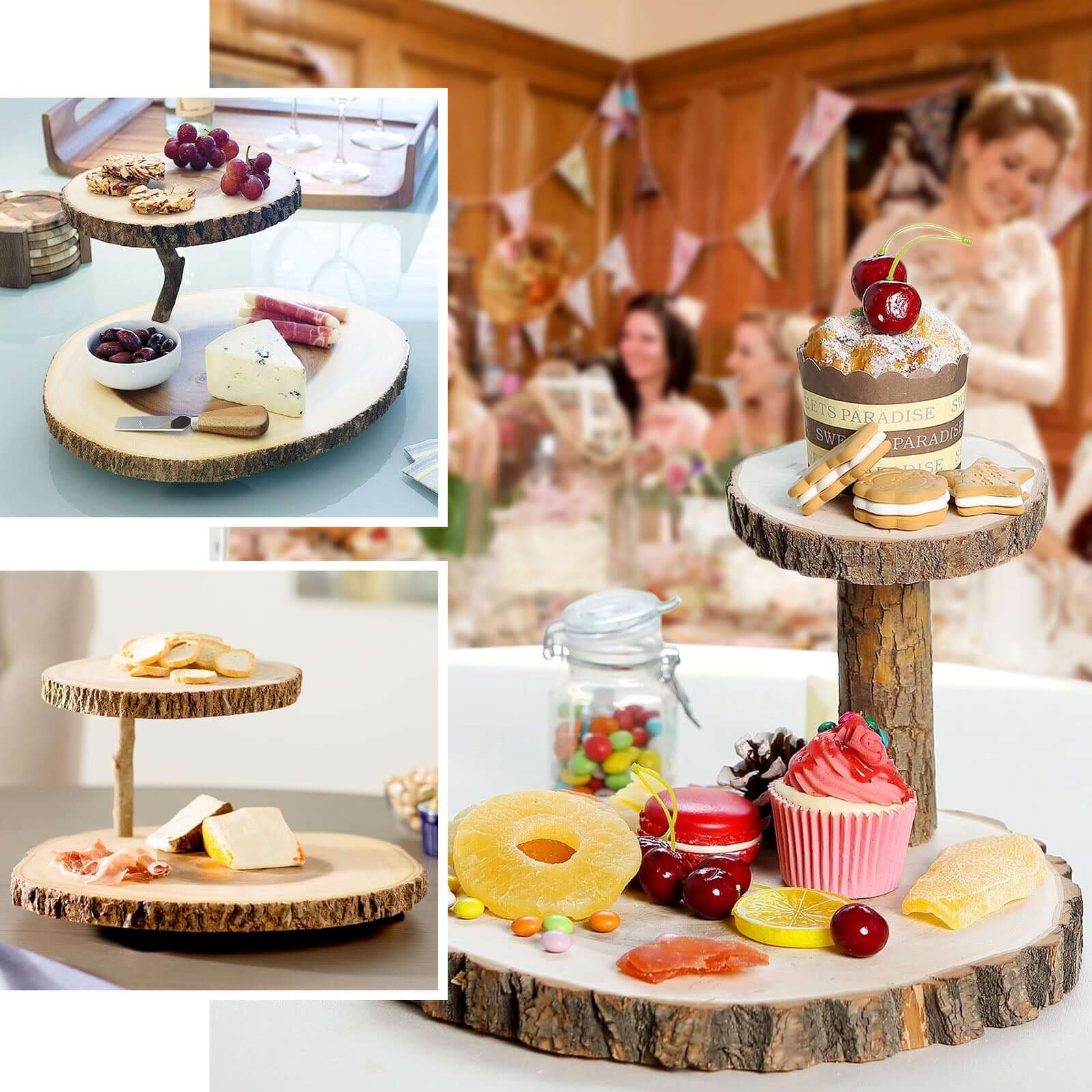 2-Tier Wooden Cheese Board Stand Elm Wood Slice Design Natural - Rustic Cupcake Centerpiece 8