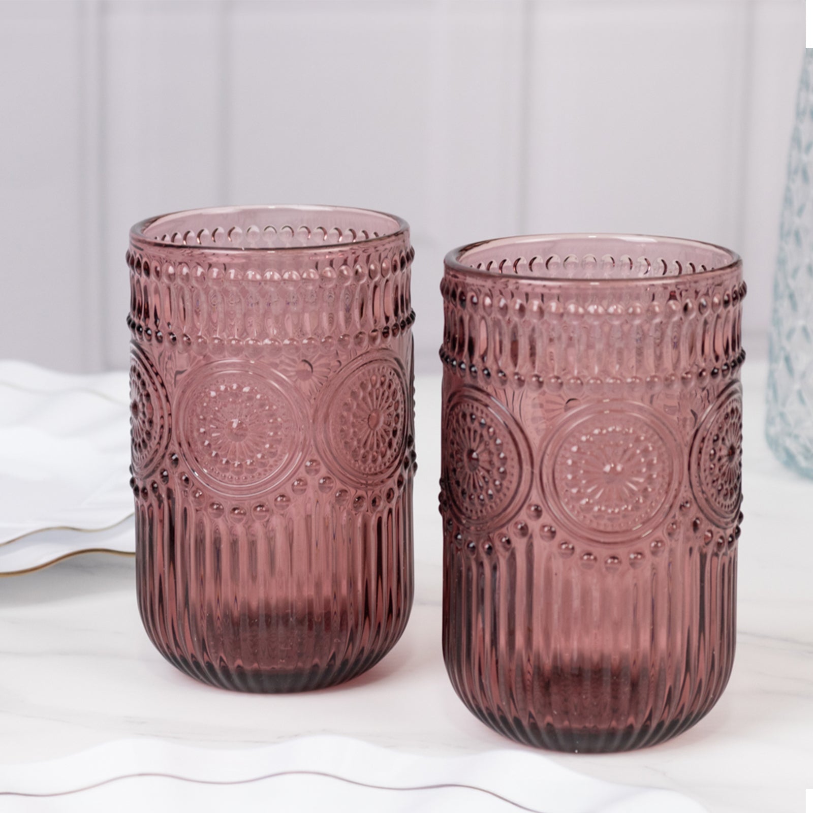 6-Pack Glass Tumblers Dusty Rose Vintage Embossed Design with Textured Floral Pattern - Highball Glasses for Drinks & Parties 14oz