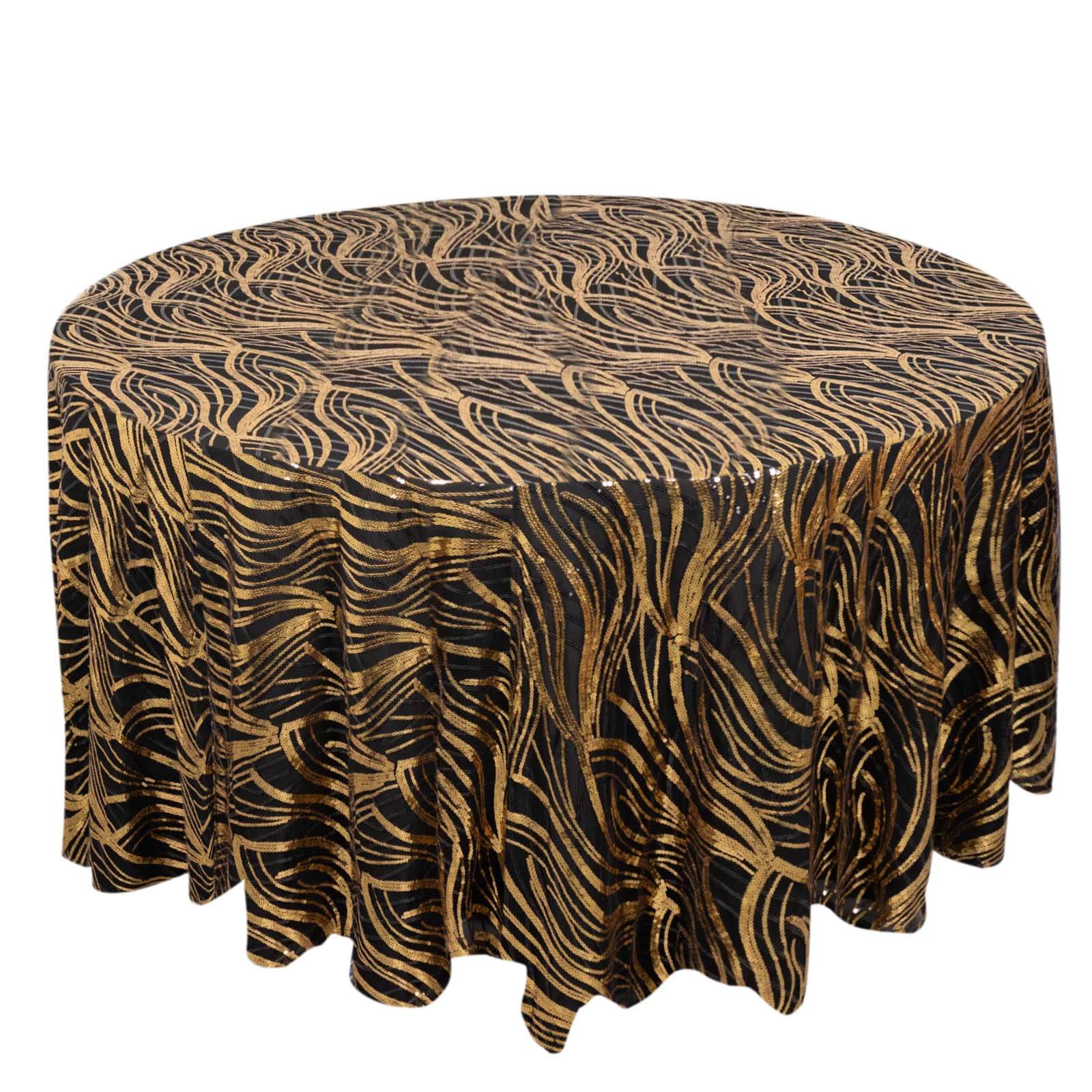 Sequin Mesh 120 Round Tablecloth Black/Gold - Seamless Wave Embroidered Table Cover