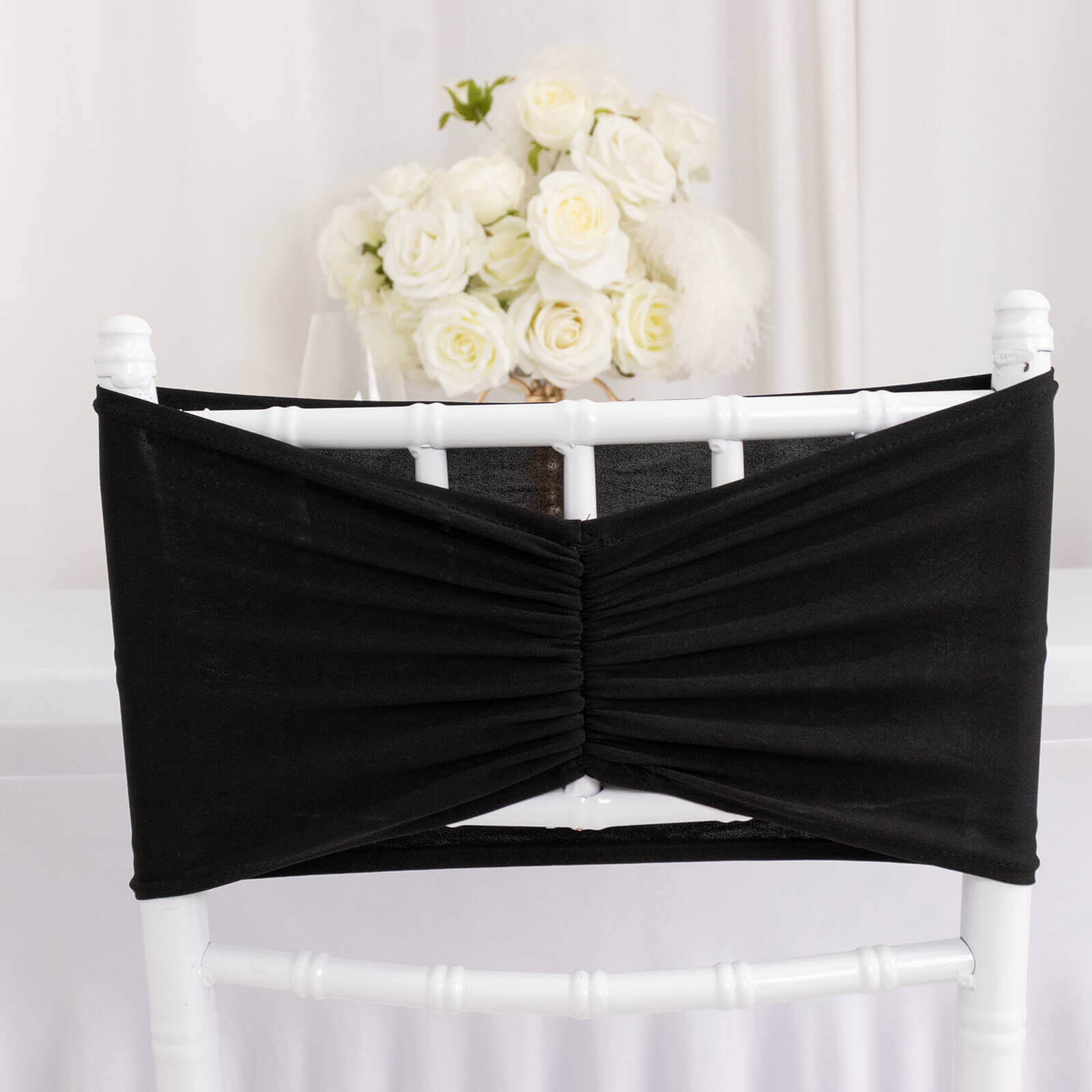 5 Pack Spandex Chair Sashes Black Ruffled Style - Wide Easy to Use Stretch Chair Bands 8x13