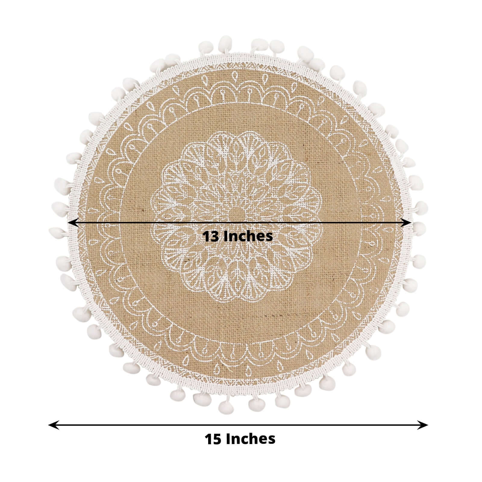 4-Pack Placemats Embroidery Mandala Print Design Natural Jute and White Round - Rustic Burlap Tassel Style with Beaded Trim 15