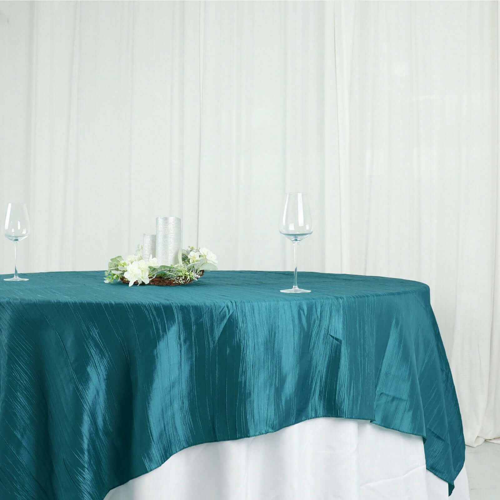 Taffeta 90x90 Table Overlay Square Tablecloth Peacock Teal - Accordion Crinkle Table Cover