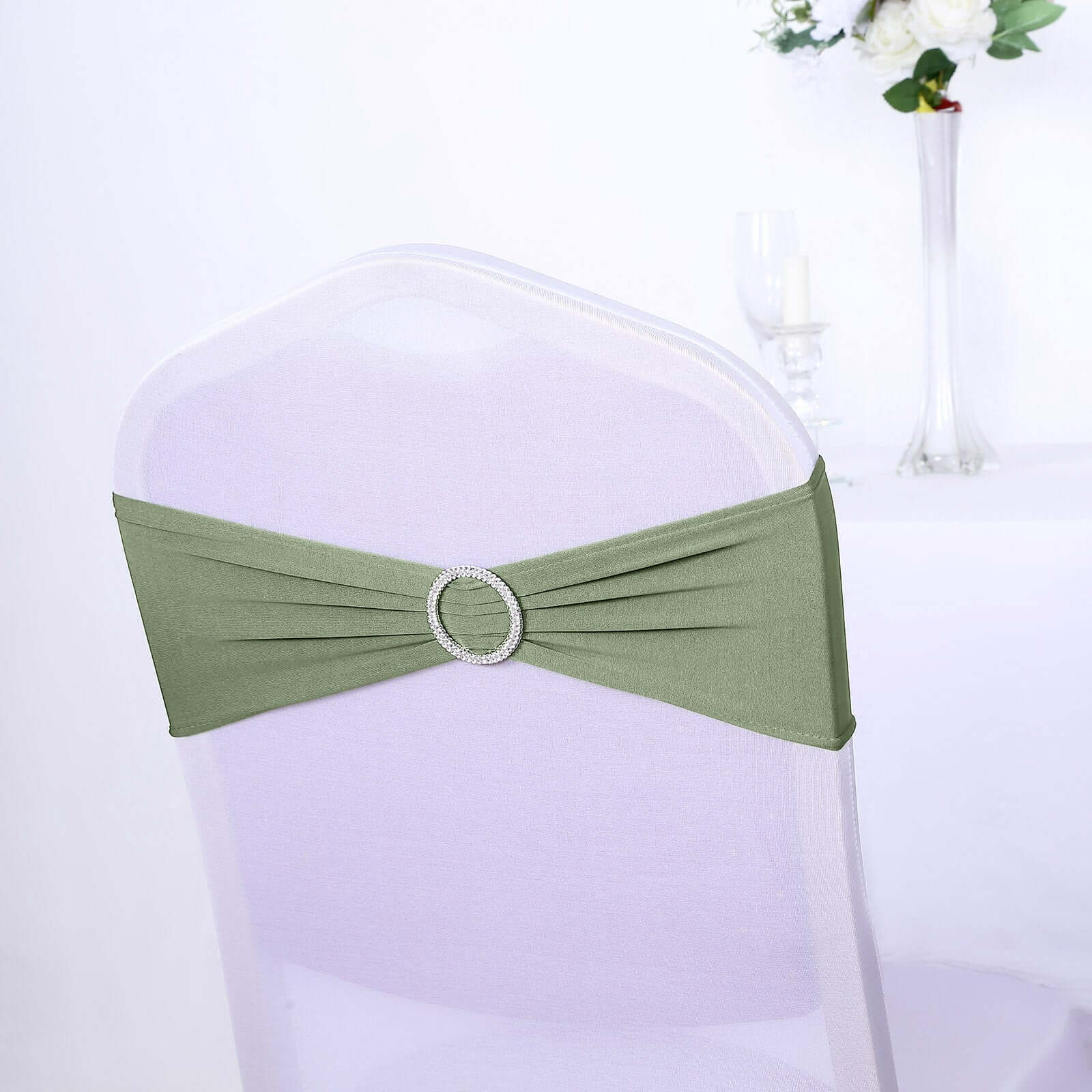 5 Pack Stretch Spandex Chair Sashes Dusty Sage Green - Reusable Chair Bands with Silver Diamond Ring Slide Buckle 5x14