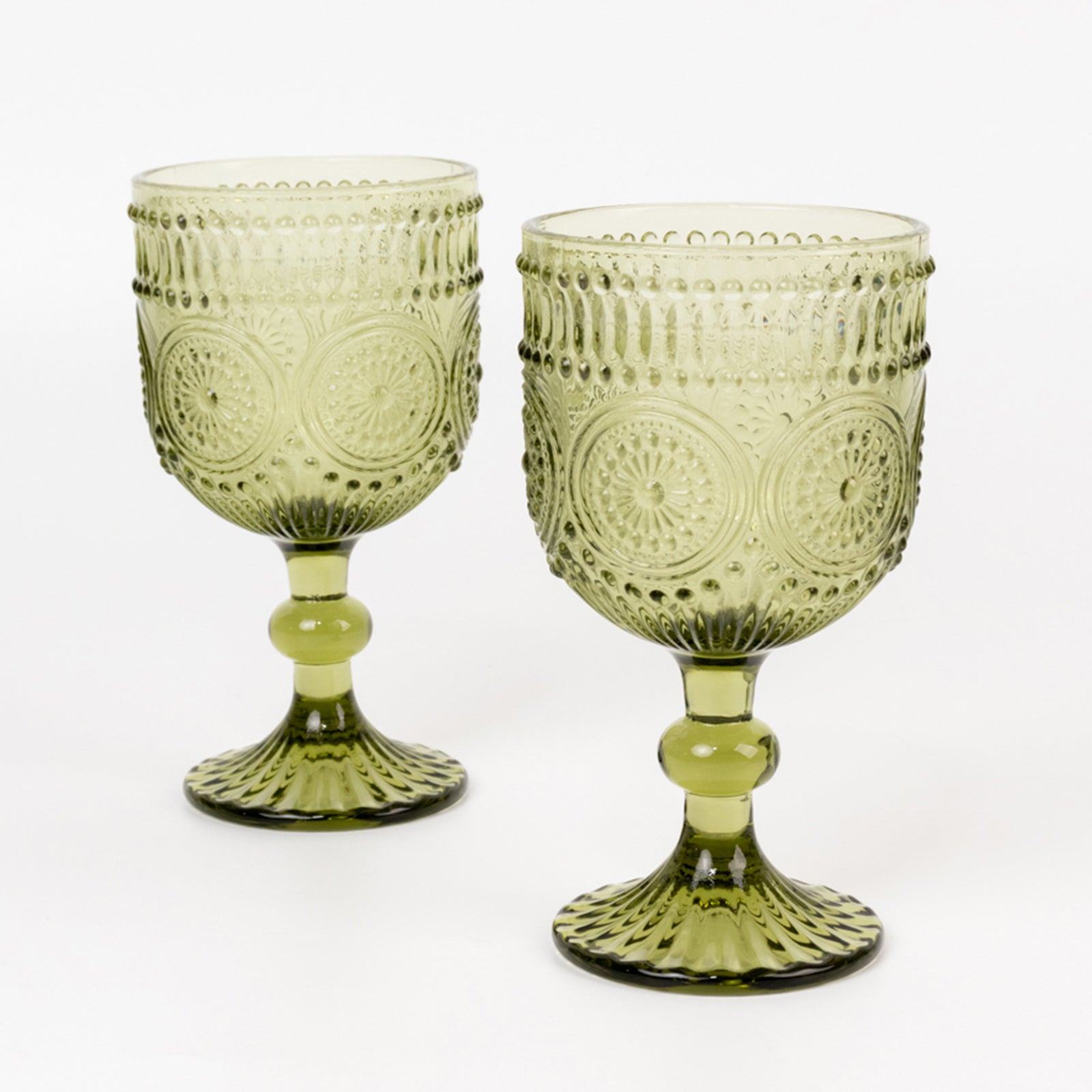 6-Pack Wine Glasses Dusty Sage Green Vintage Embossed Design with Textured Floral Pattern - Short Stemmed Glasses for Drinks & Cocktails 12oz