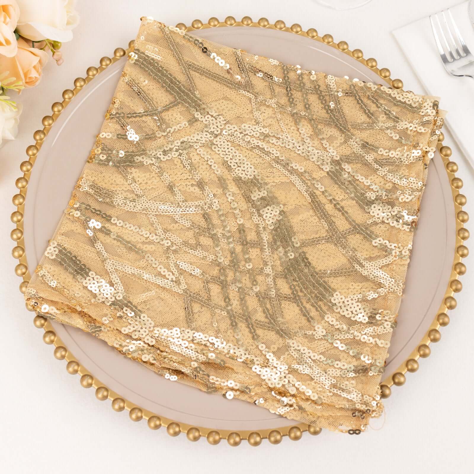 Sequin Mesh 20x20 Napkin Champagne Silver - Wave Embroidered Reusable Napkin