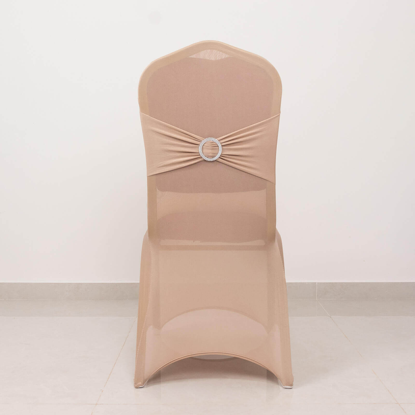 Spandex Chair Cover with Nude Rhinestone Buckled Sash Band Blush - Stretch Fitted Slipcover