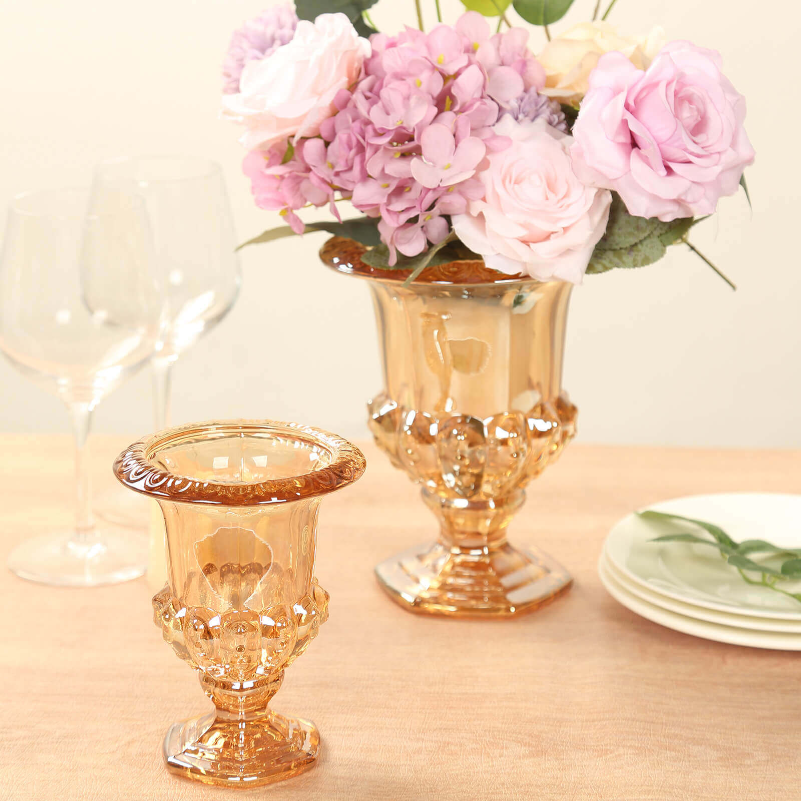 2-Pack Glass Mini Pedestal Flower Vases in Classic Roman Urn Style Amber Gold - Sophisticated Wedding Table Centerpieces 8