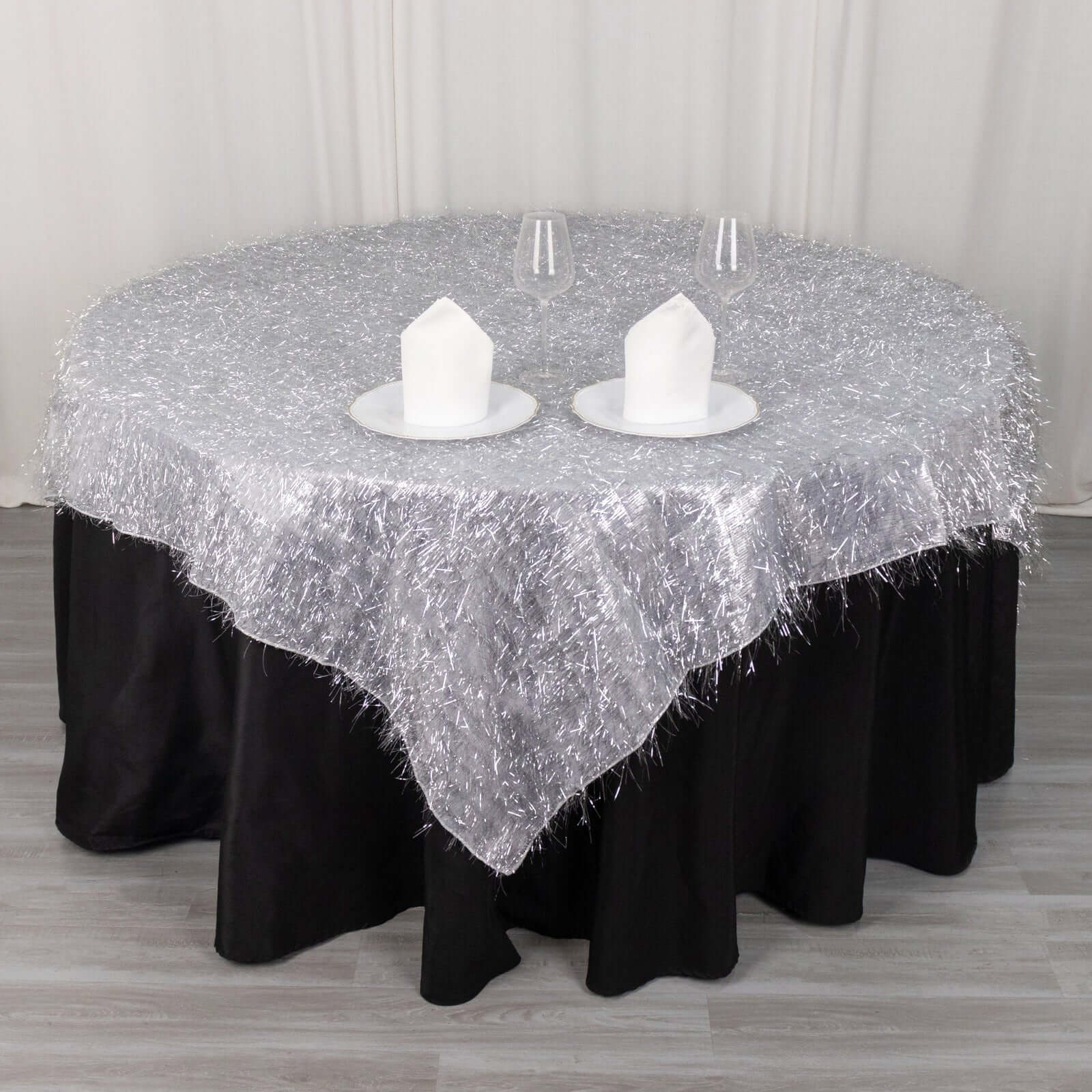 Polyester 72x72 Table Overlay Square Tablecloth Silver - Metallic Fringe Shag Tinsel Table Cover