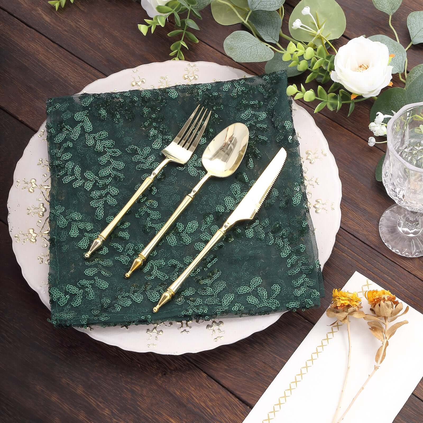 Sequin Tulle 20x20 Napkin Hunter Emerald Green - Embroidered Leaf Vine Dinner Napkins