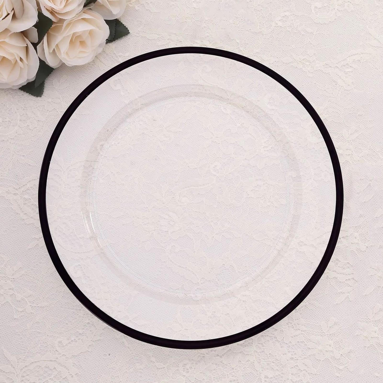 10-Pack Economy Plastic Round Charger Plates 12 in Clear with Wide Black Rim, Decorative Dinner Party Serving Plates