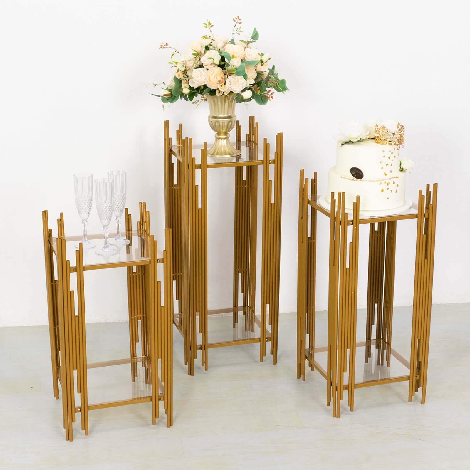 Set of 3 Wedding Pedestal Stands Square Acrylic Plate Design Gold - Metal Flower Display Plinths 26,30,34