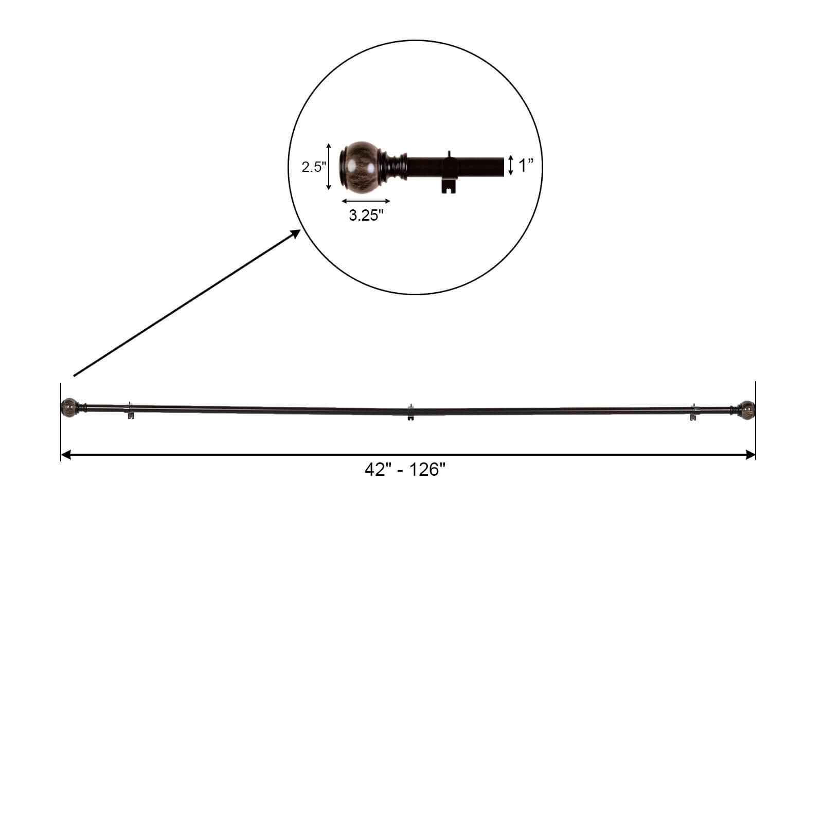 42-126 Adjustable Curtain Rod Set, Chocolate Brown, Marble Finials