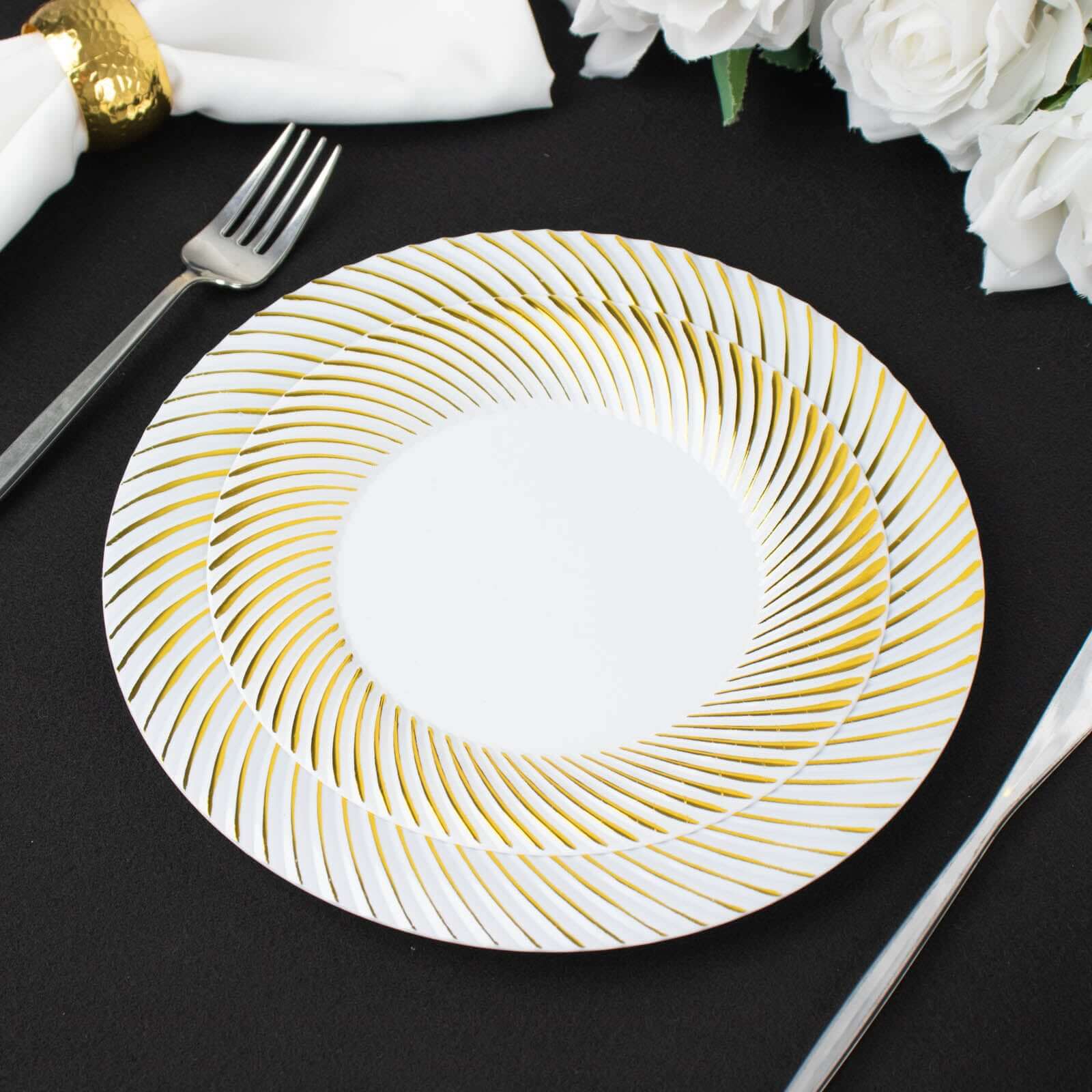 10-Pack Plastic 9 Round Dinner Plates White with Gold Swirl Rim - Disposable Party Plates