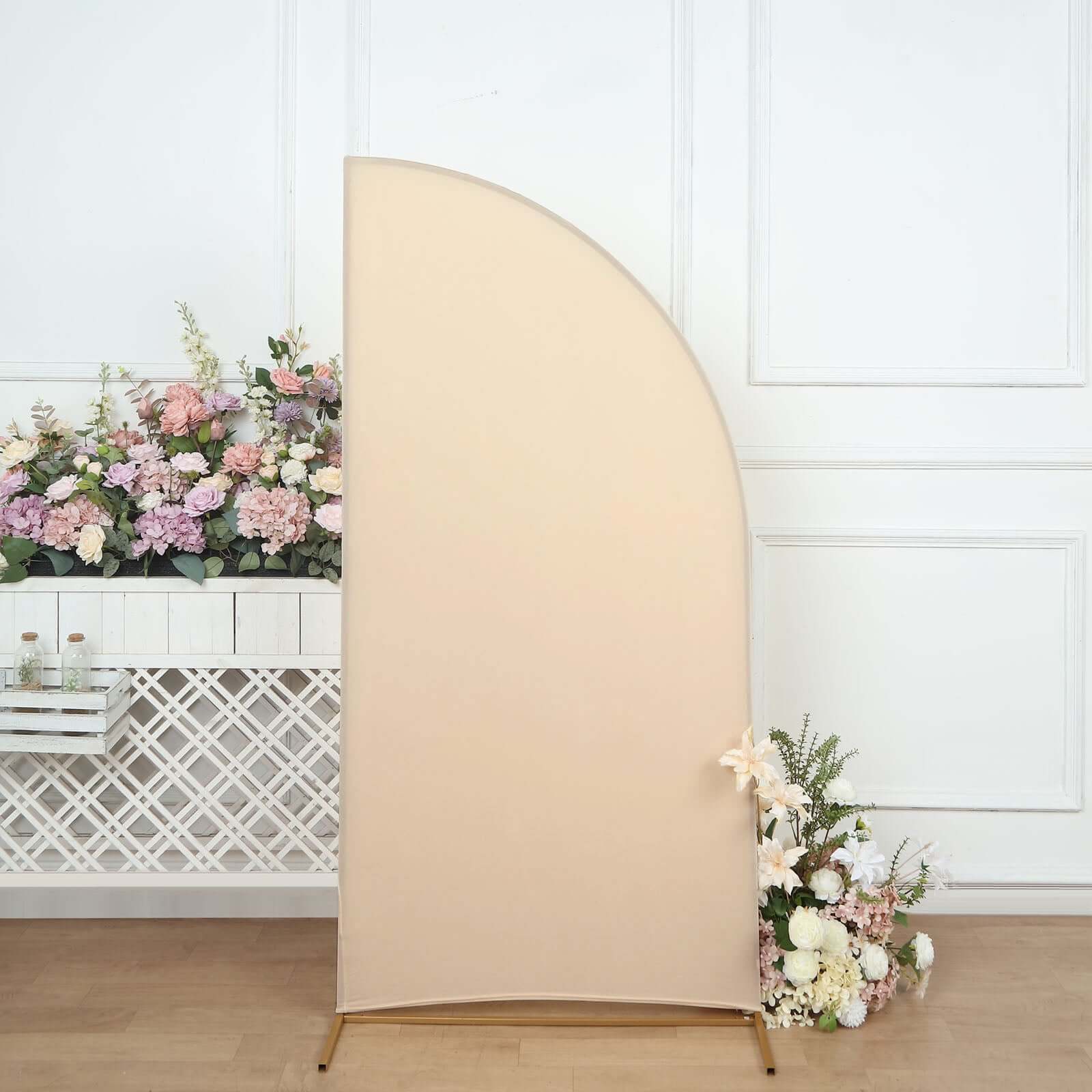 6ft Matte Beige Spandex Half Moon Chiara Backdrop Stand Cover, Custom Fitted Wedding Arch Cover