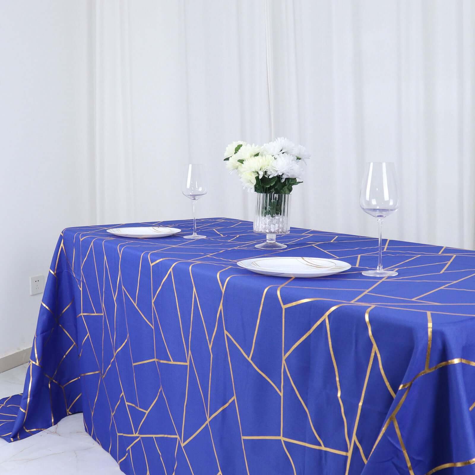 Polyester 90x132 Rectangle Tablecloth Royal Blue with Gold Foil Geometric Pattern - Wrinkle-Resistant Seamless Table Cover