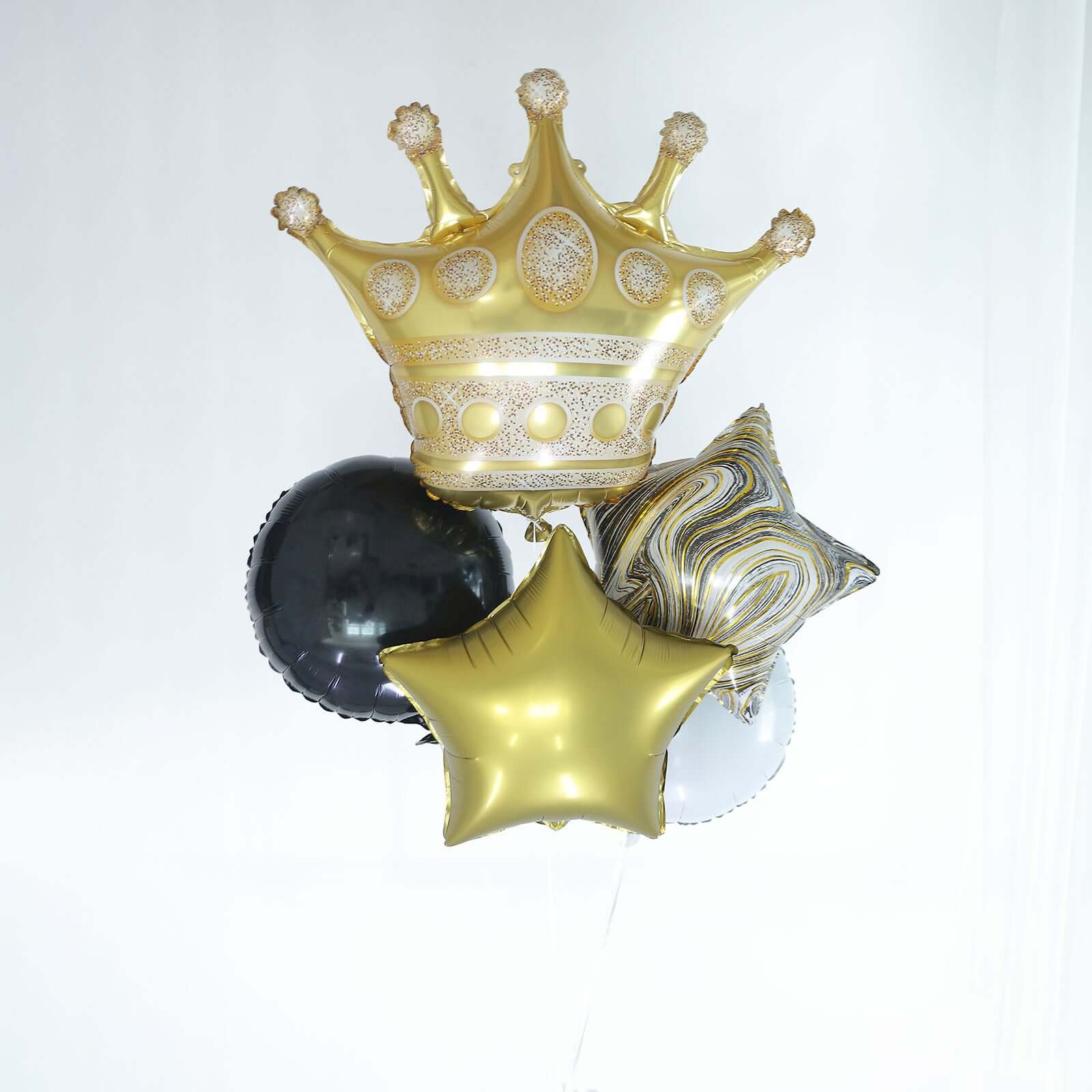 Set of 6 Gold Black Marble Mylar Foil Party Balloon Set, Star, Round and Crown Balloon Bouquet With Ribbon, Party Decorations