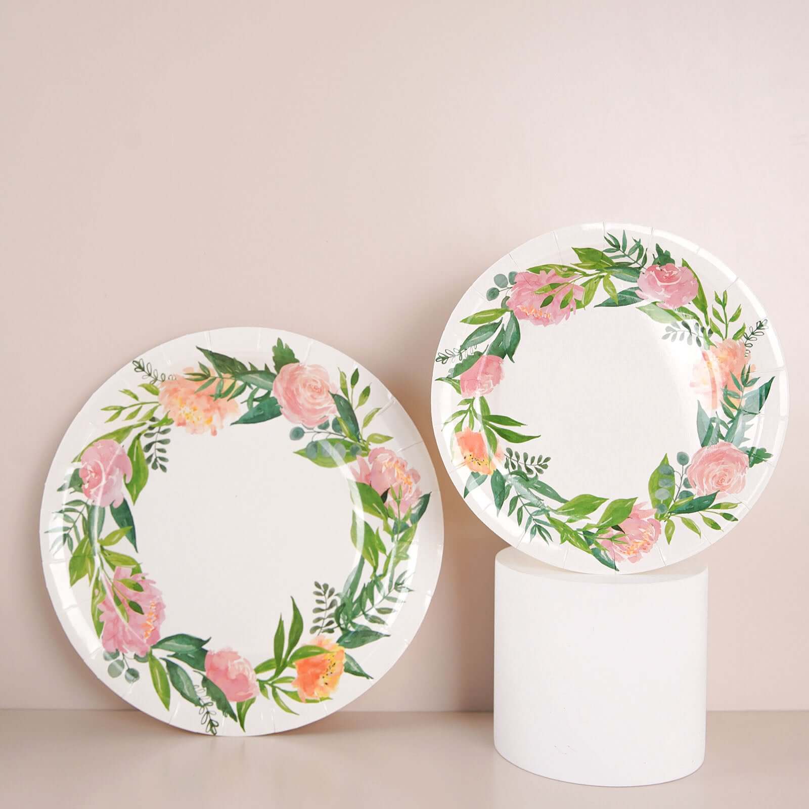25-Pack Paper 9 Round Dinner Plates in White with Rose/Peony Flower Wreath - Disposable Party Plates for Bridal Showers & Garden Parties
