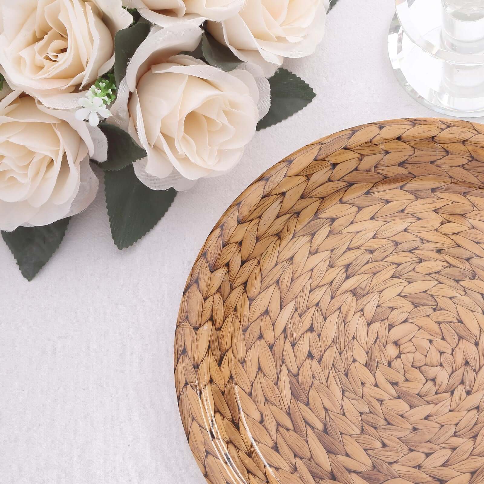 25-Pack Paper 9 Round Dinner Plates Natural with Woven Rattan Print - Rustic Farmhouse Disposable 300GSM Party Plates for Country Chic Celebrations