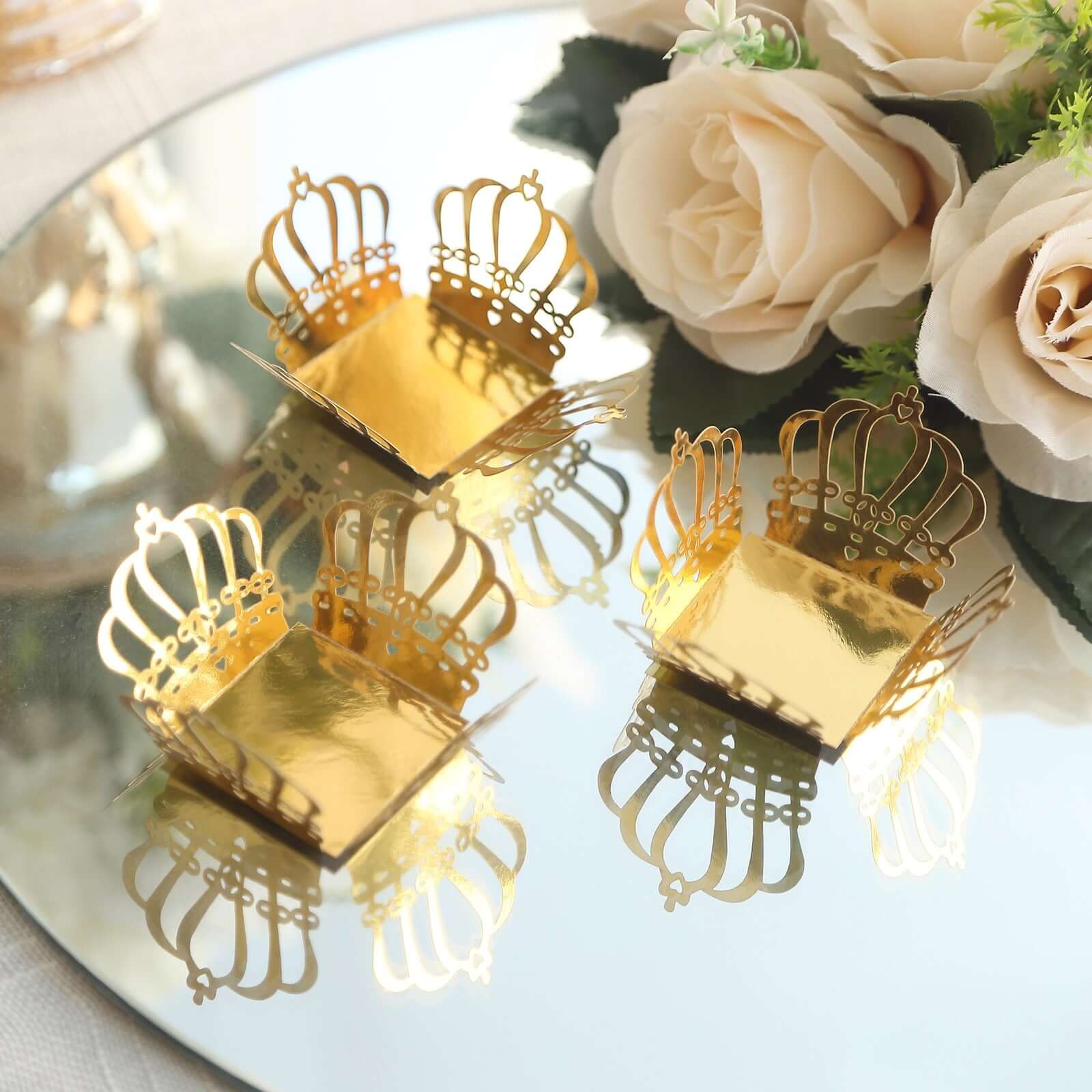 50-Pack Mini Paper Truffle Cup Liners Crown Square Design Metallic Gold - 225GSM Cupcake Tray Wrappers 4